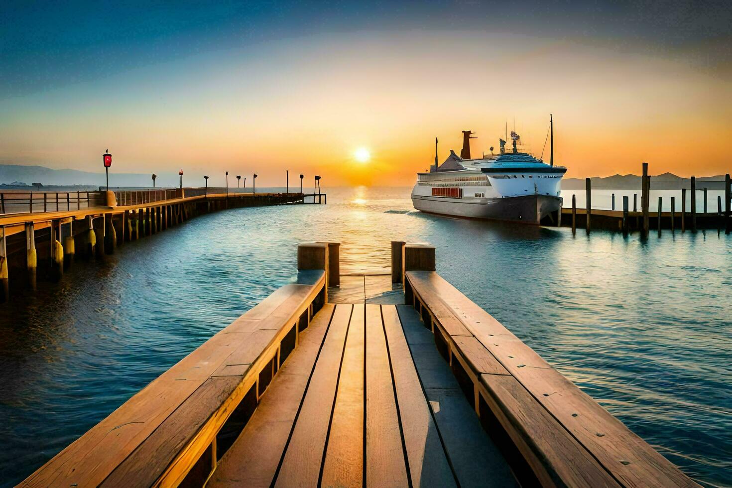 a boat docked at the pier at sunset. AI-Generated photo