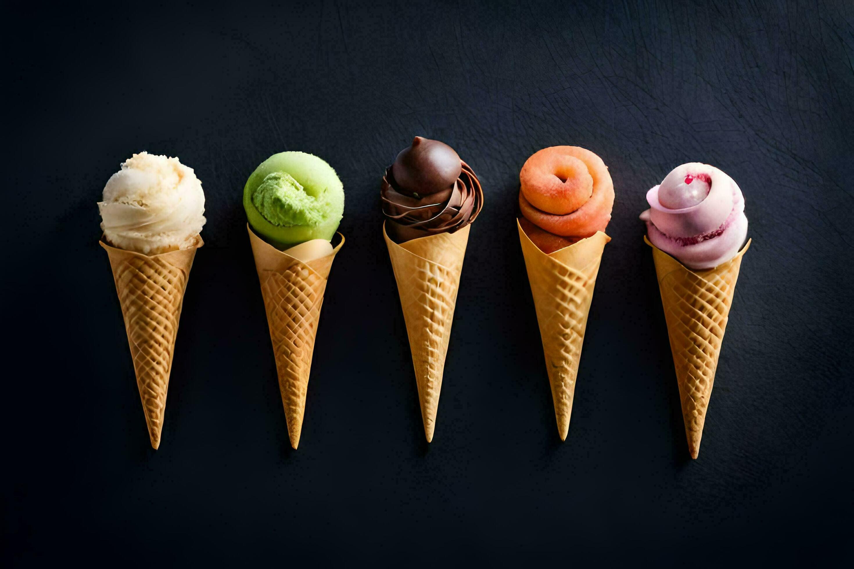 five different ice cream cones in a row on a black background. AI