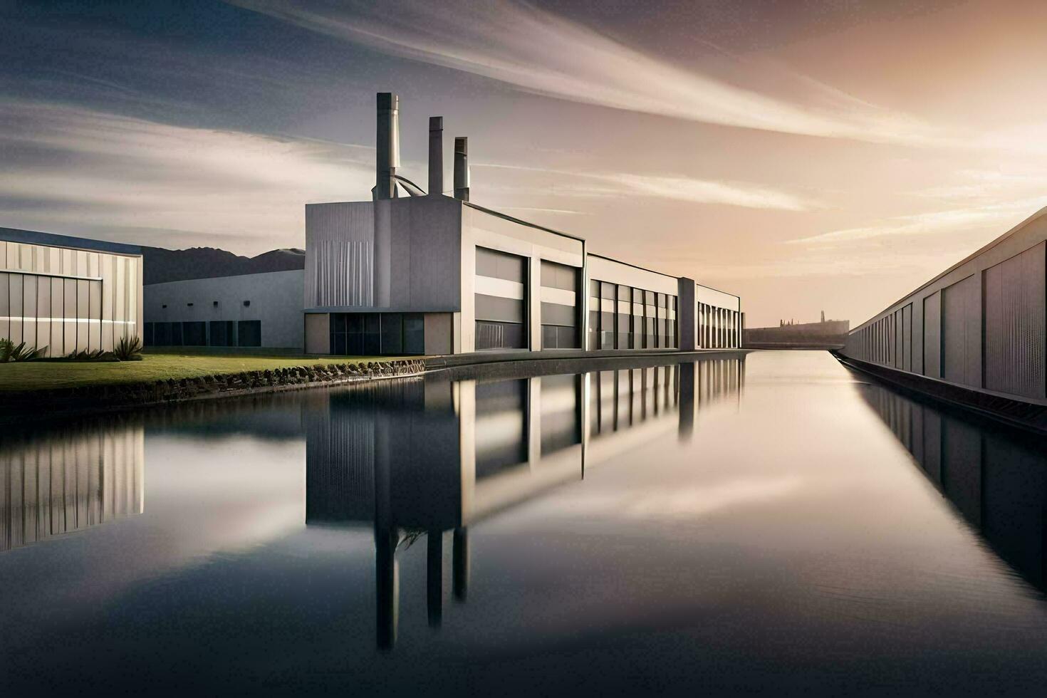 a factory building with a river in the background. AI-Generated photo