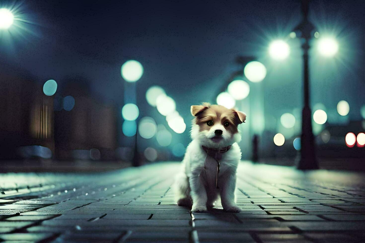 a small dog is standing on a brick walkway at night. AI-Generated photo