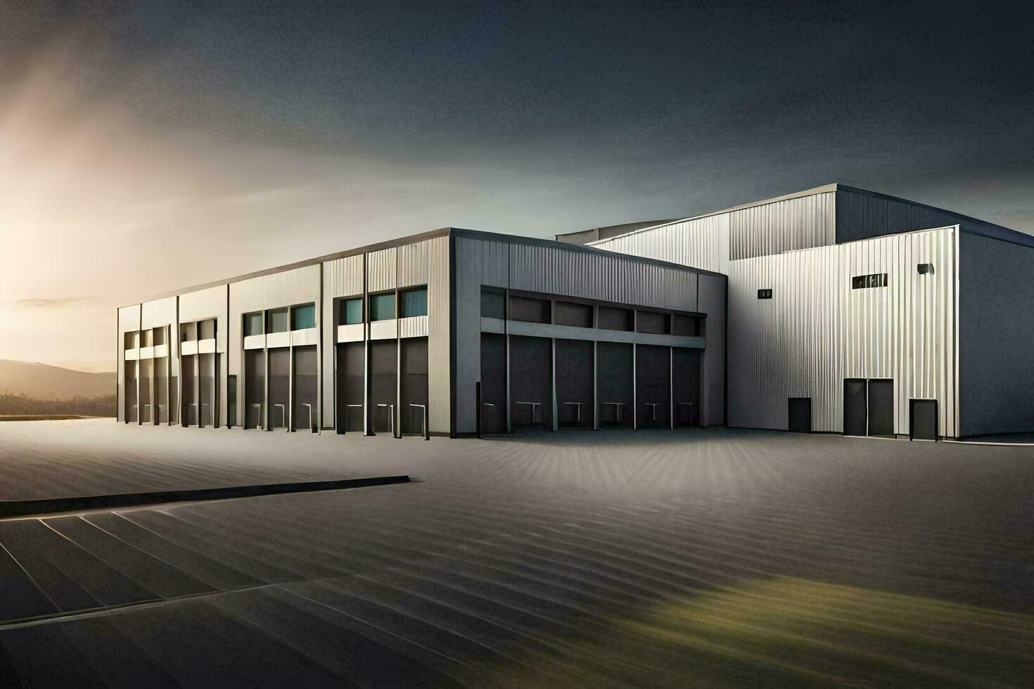 a large industrial building with a sun setting behind it. AI-Generated photo