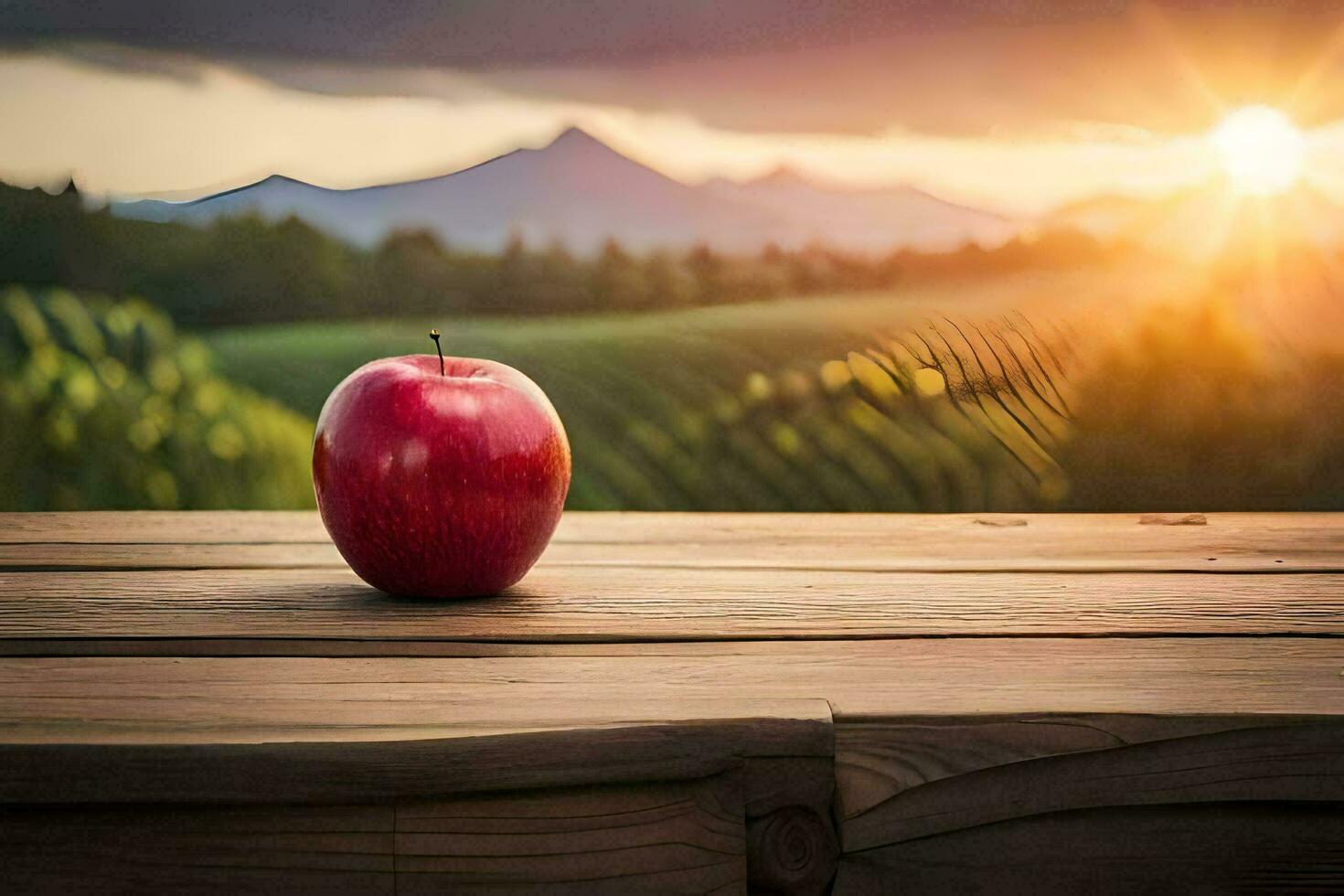 apple on a wooden table in the sun. AI-Generated photo