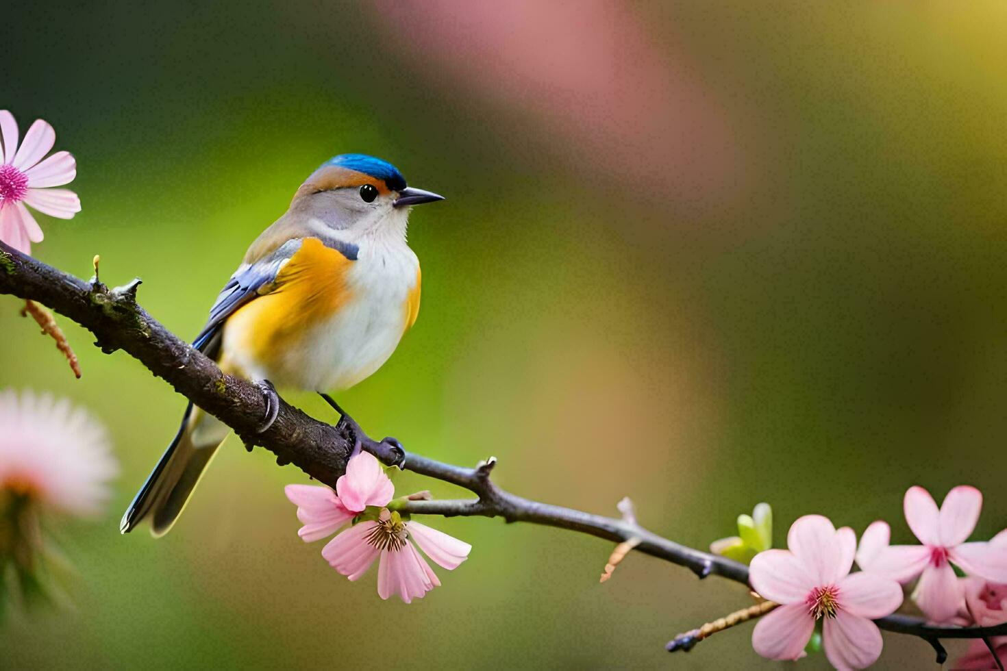 a bird sits on a branch with pink flowers. AI-Generated photo