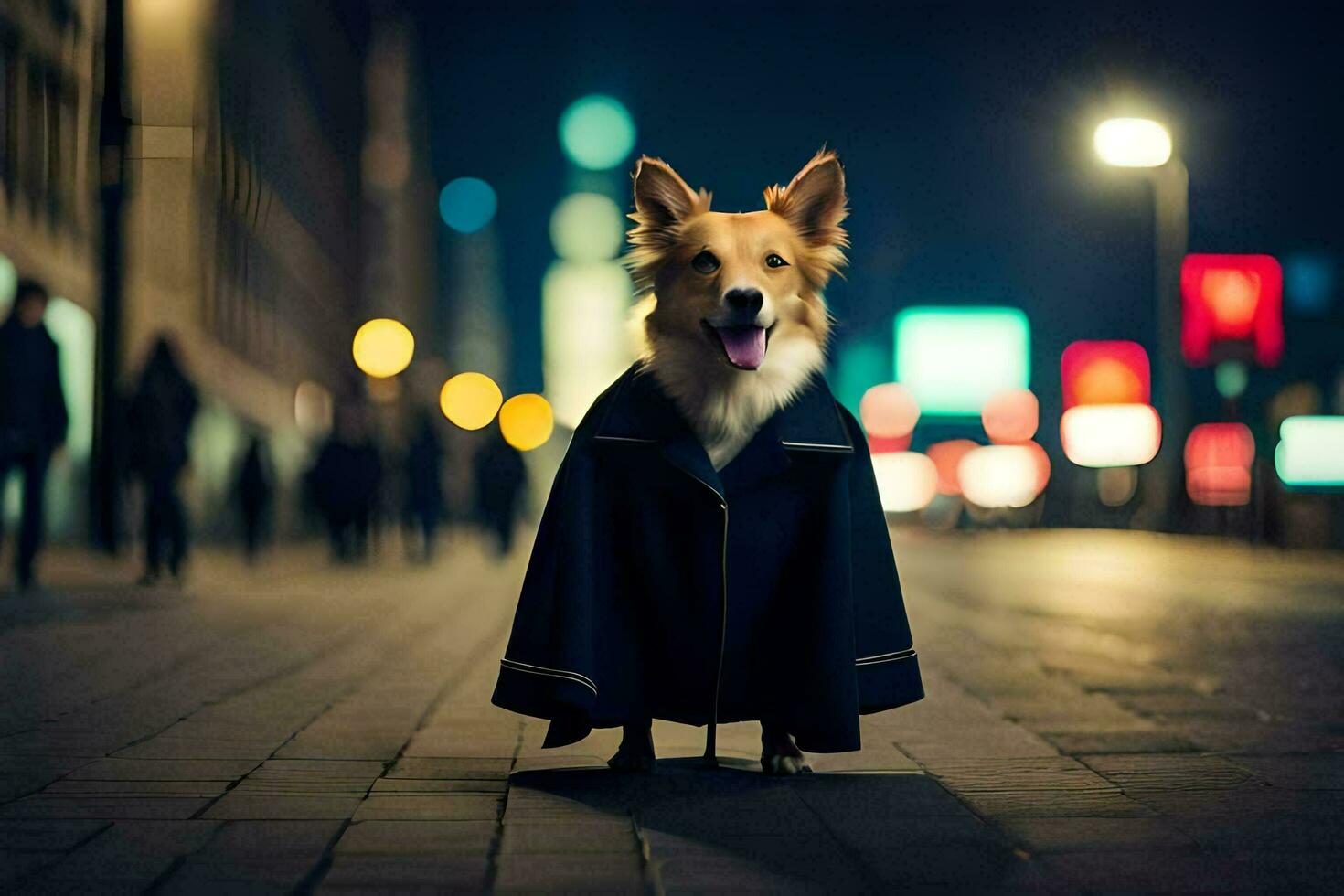 a dog wearing a coat standing on a street at night. AI-Generated photo