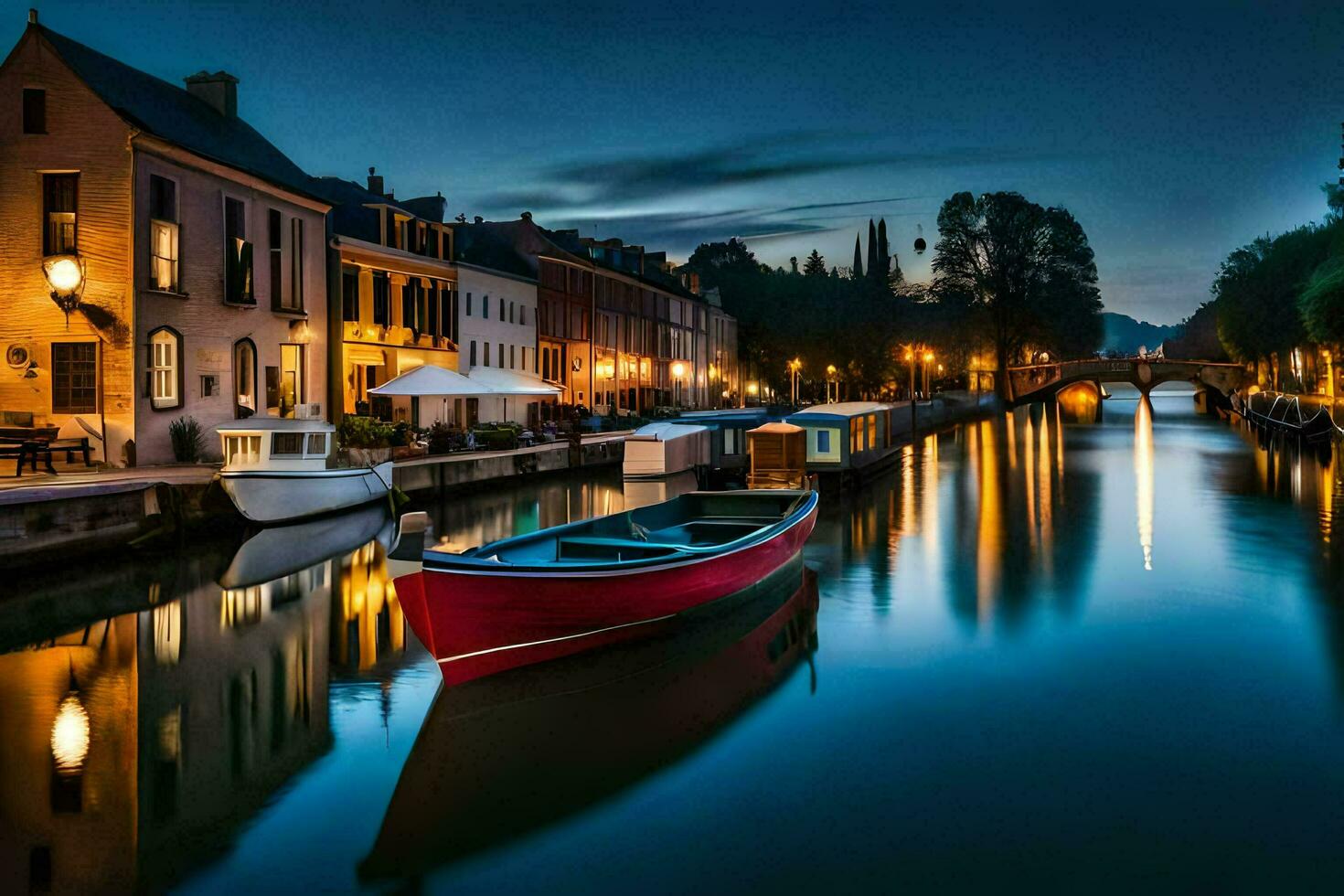 a boat is docked on a canal at night. AI-Generated photo