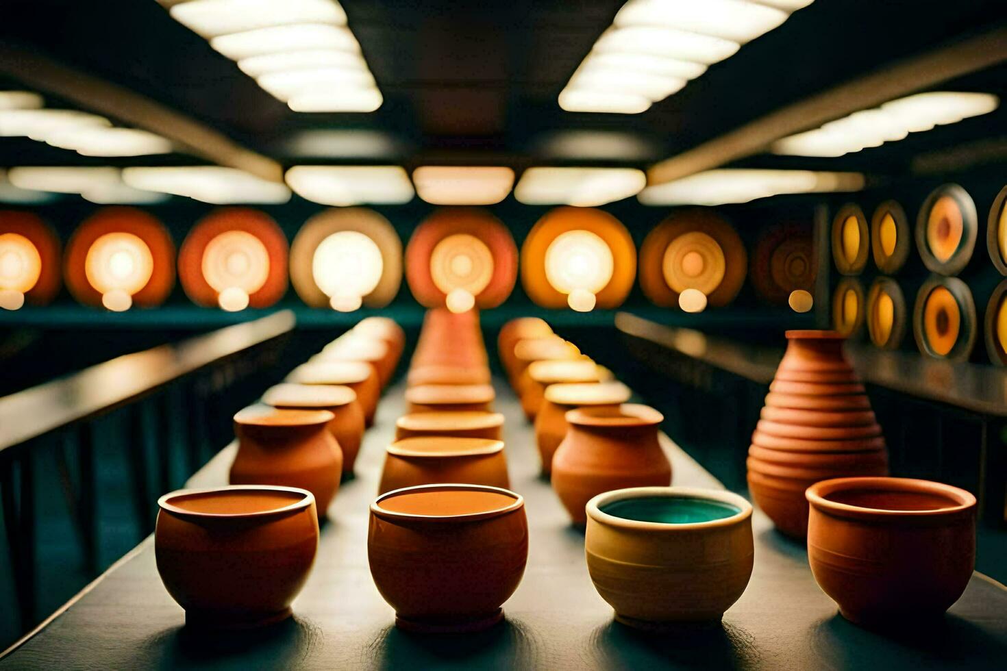 a row of colorful vases lined up in a room. AI-Generated photo