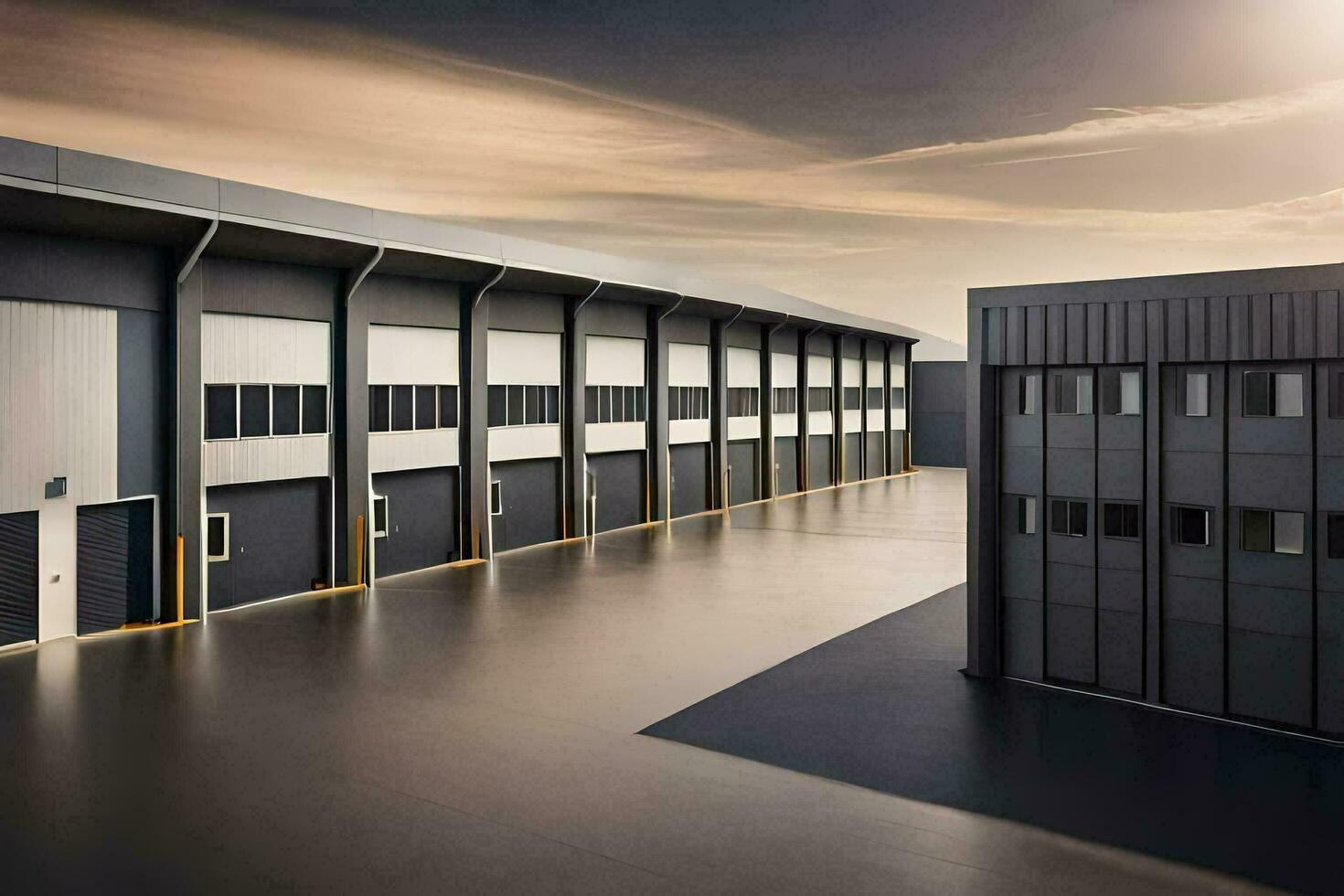 a large warehouse with two doors and windows. AI-Generated photo