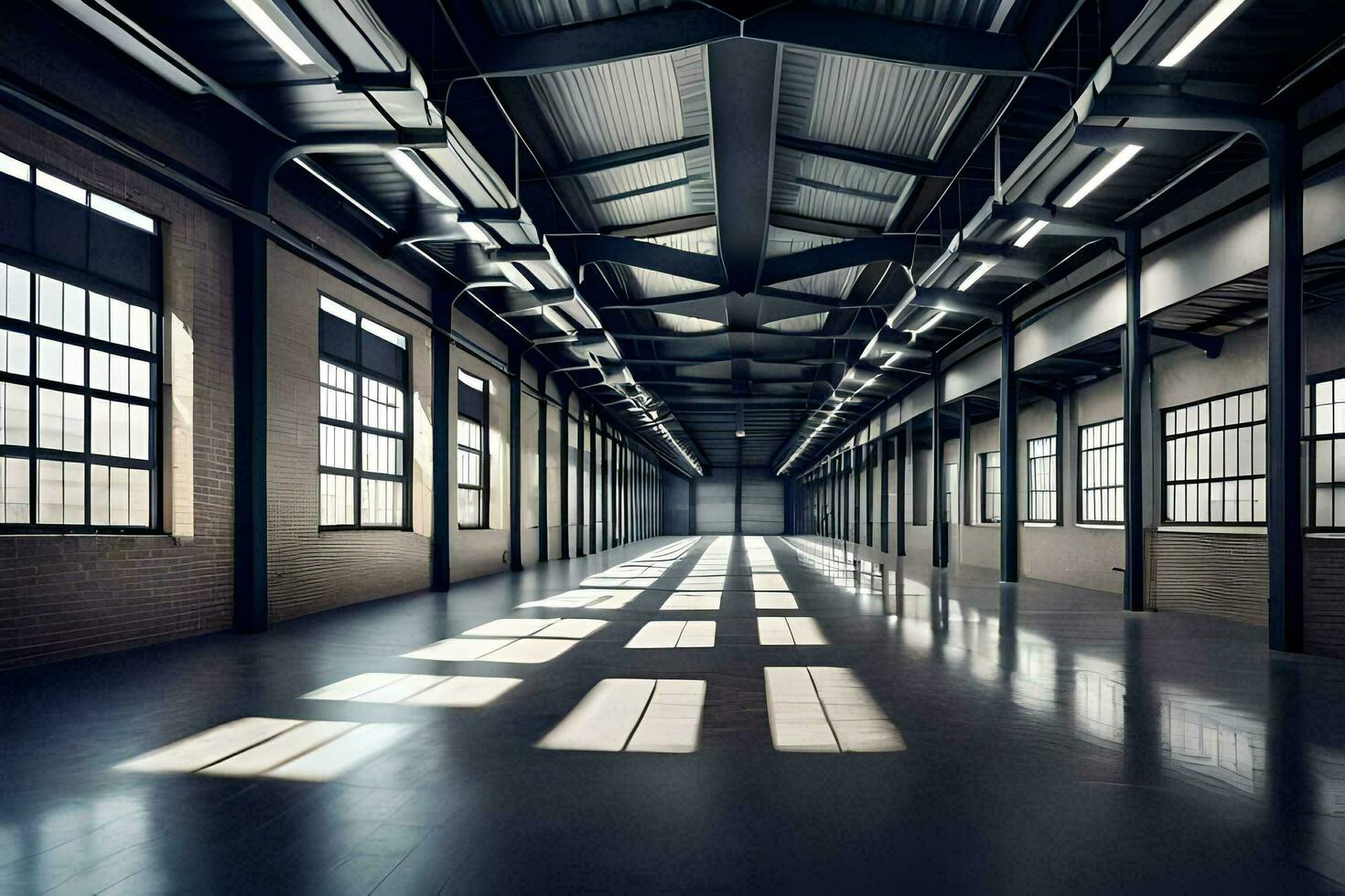 an empty warehouse with windows and a long hallway. AI-Generated photo