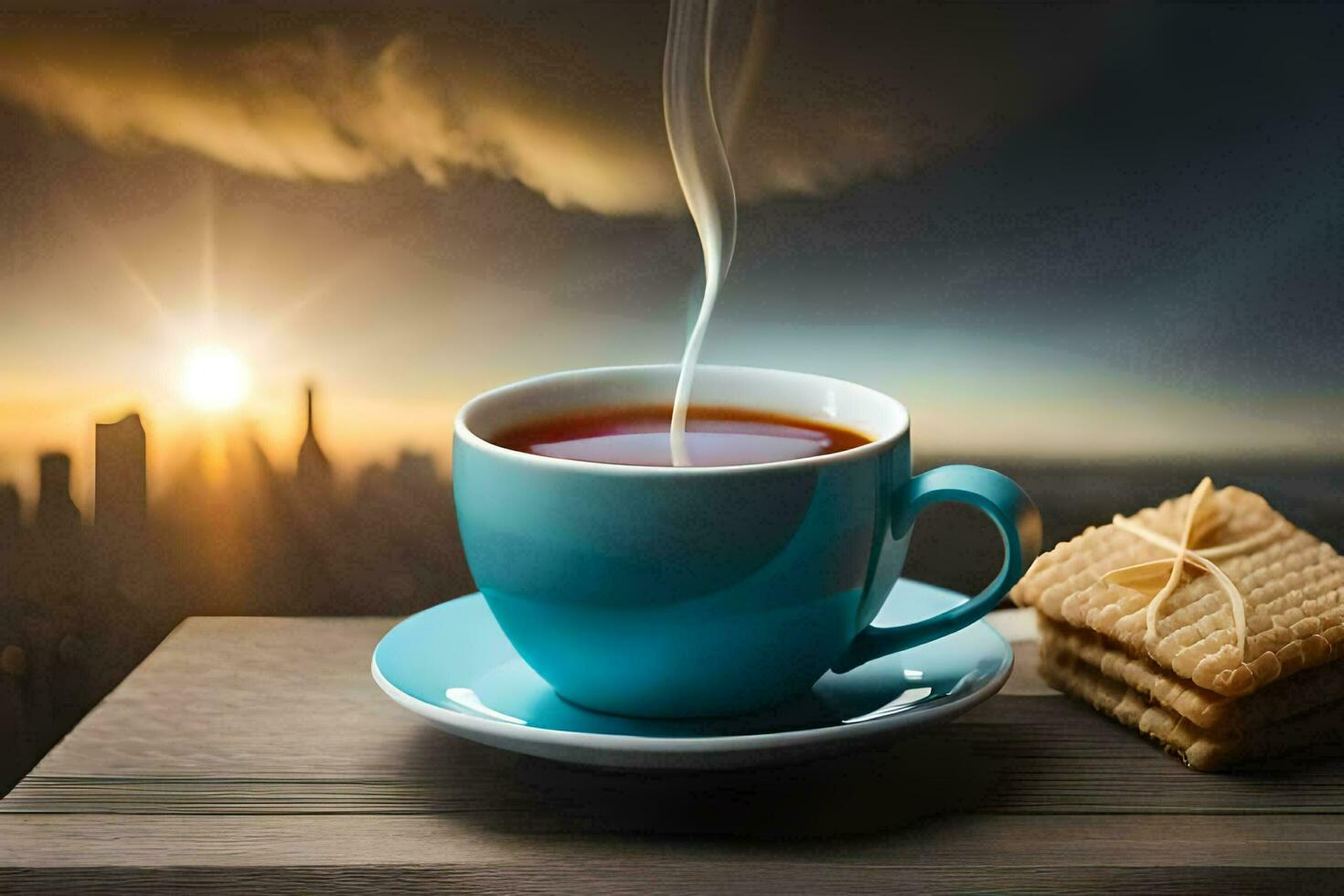 a cup of tea on a wooden table with a city view. AI-Generated photo