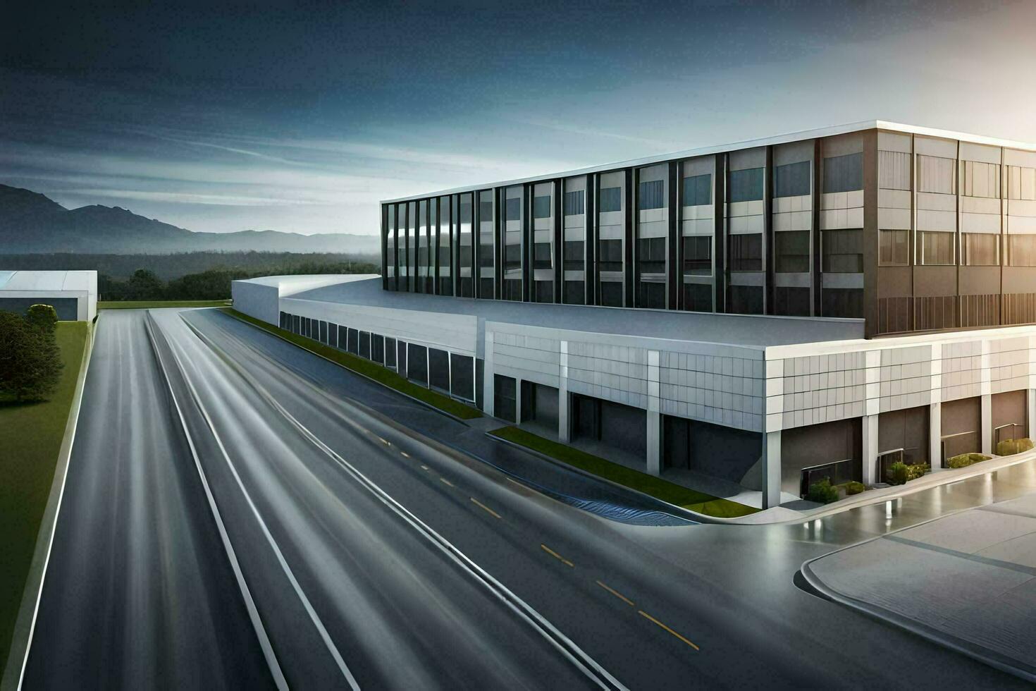 a modern office building with a road in front of it. AI-Generated photo