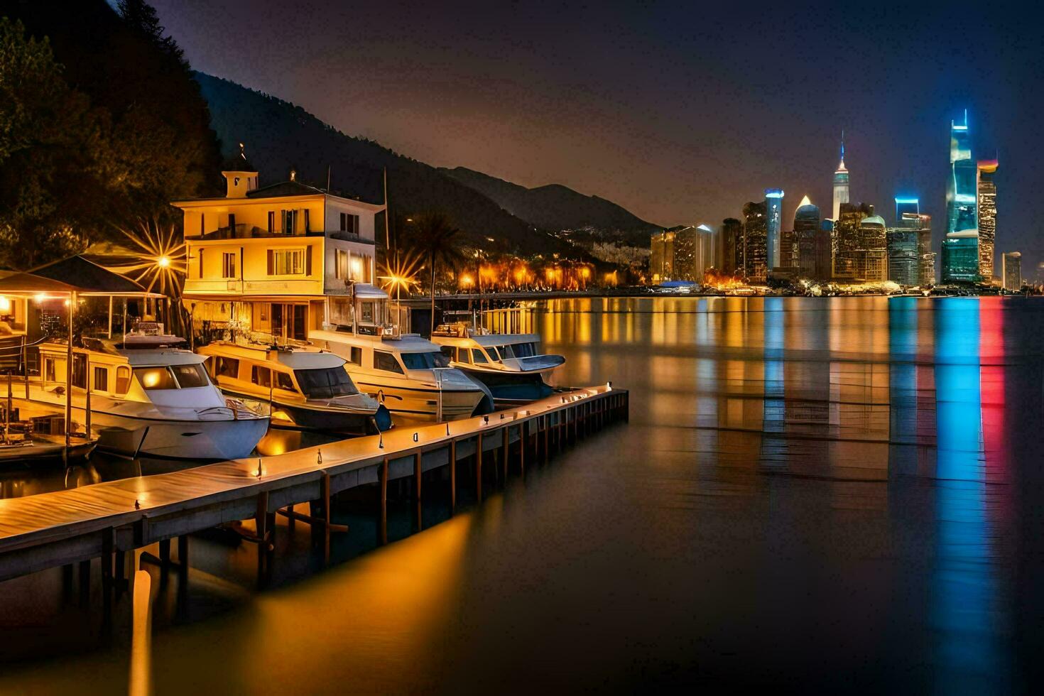 boats docked at the dock in front of the city at night. AI-Generated photo