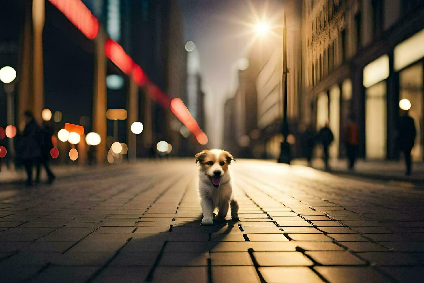 a dog walking on a city street at night. AI-Generated photo