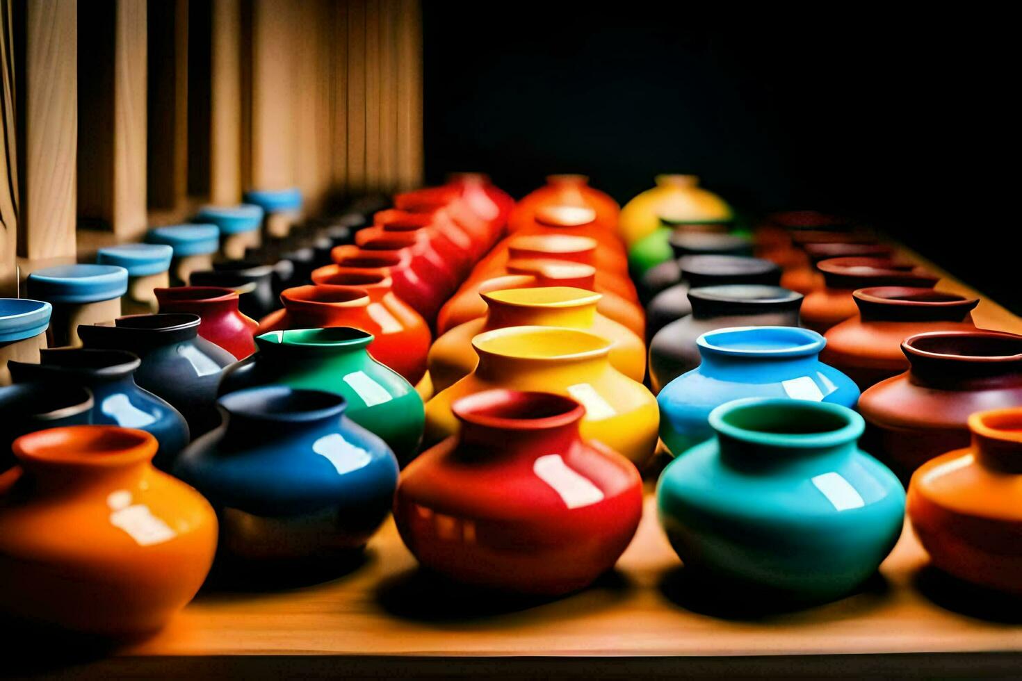 colorful vases on a shelf. AI-Generated photo