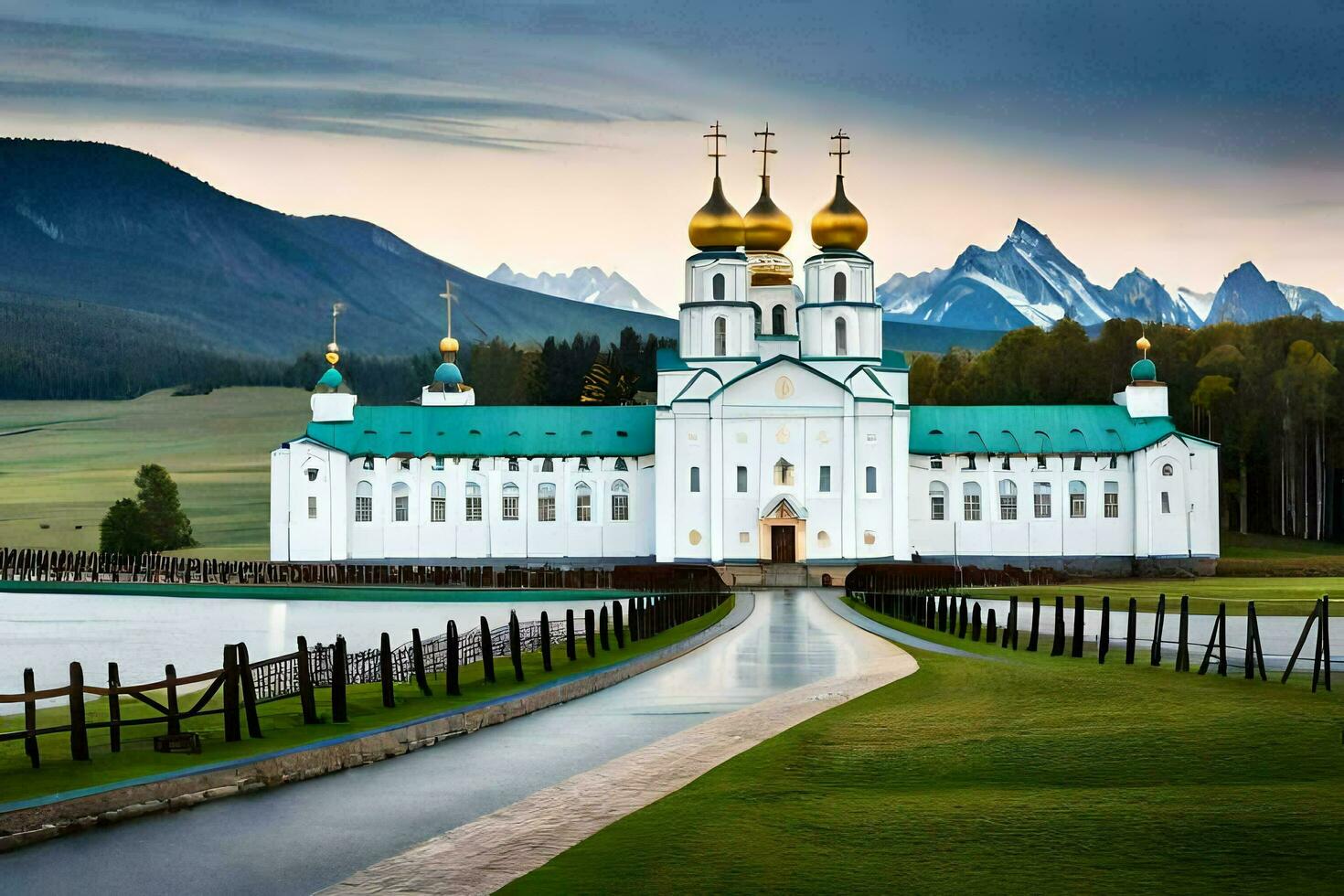a white church with green domes and gold domes in the mountains. AI-Generated photo