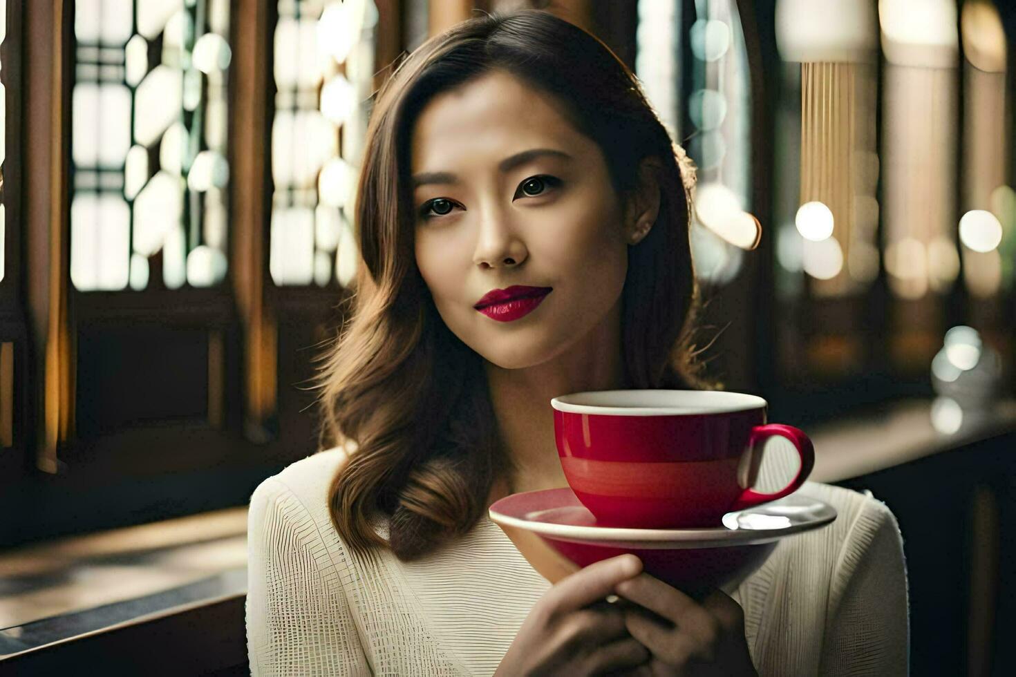 a woman holding a red cup and saucer. AI-Generated photo
