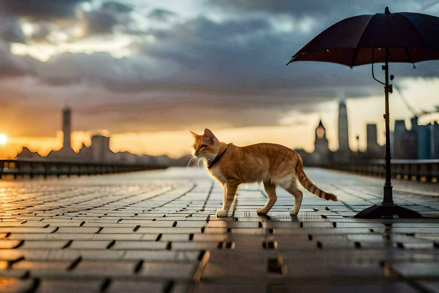 a cat is standing on a bridge with an umbrella. AI-Generated photo