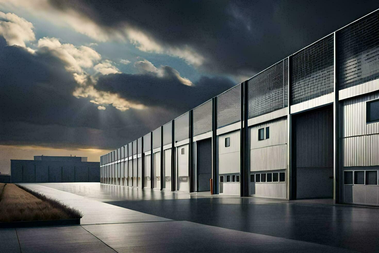 a large industrial building with a dark sky. AI-Generated photo