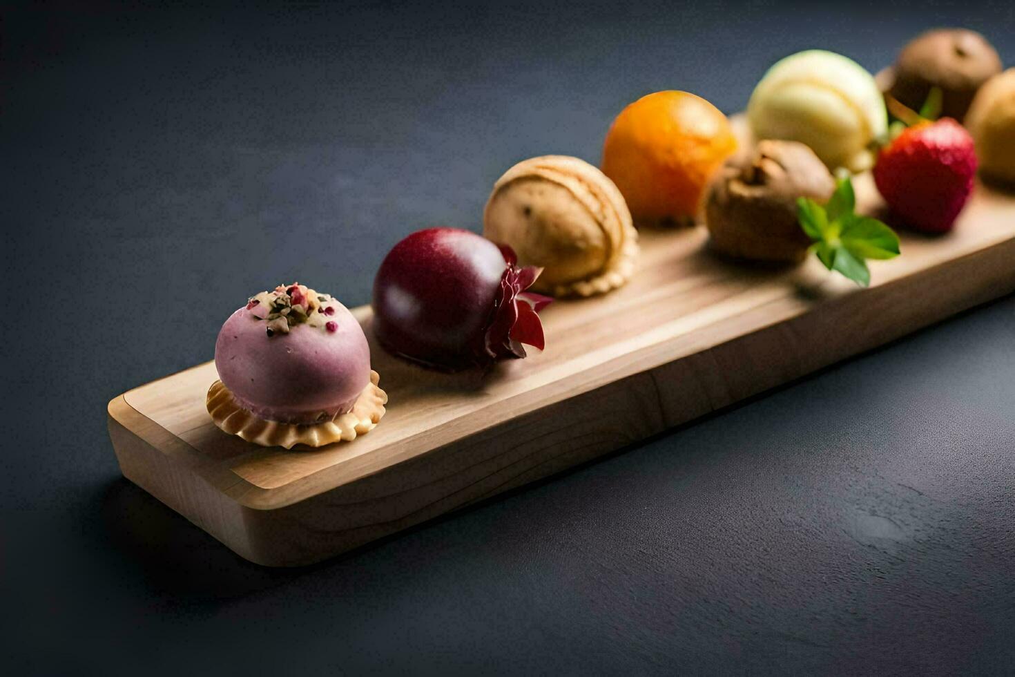 a wooden tray with different types of desserts. AI-Generated photo