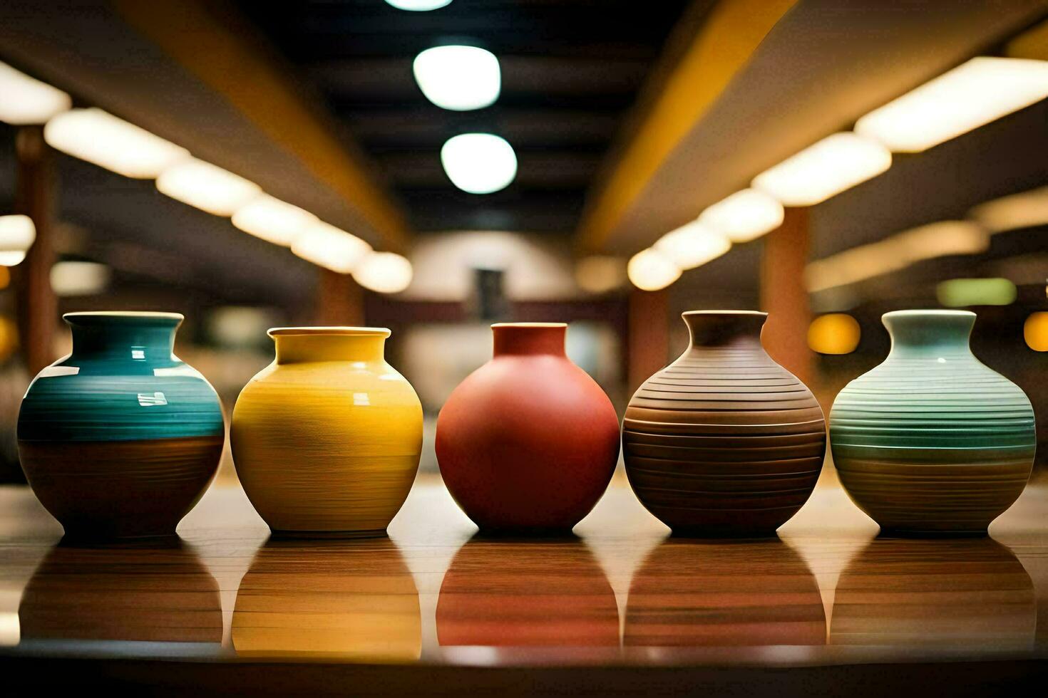 five colorful vases sit on a table. AI-Generated photo