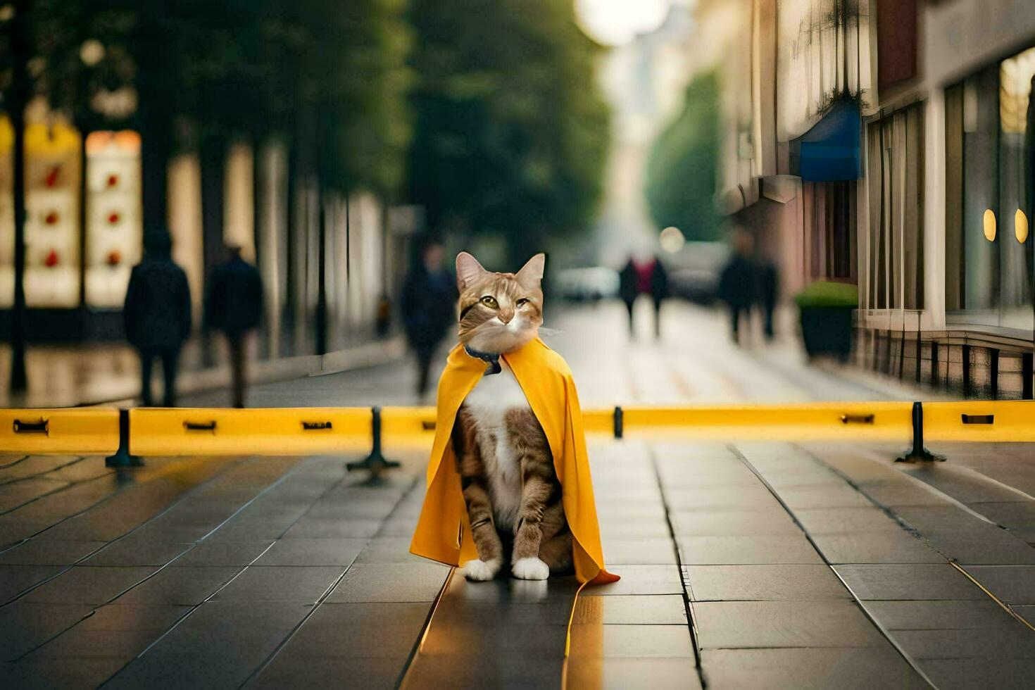 un gato vistiendo un amarillo capa en pie en un calle. generado por ai foto