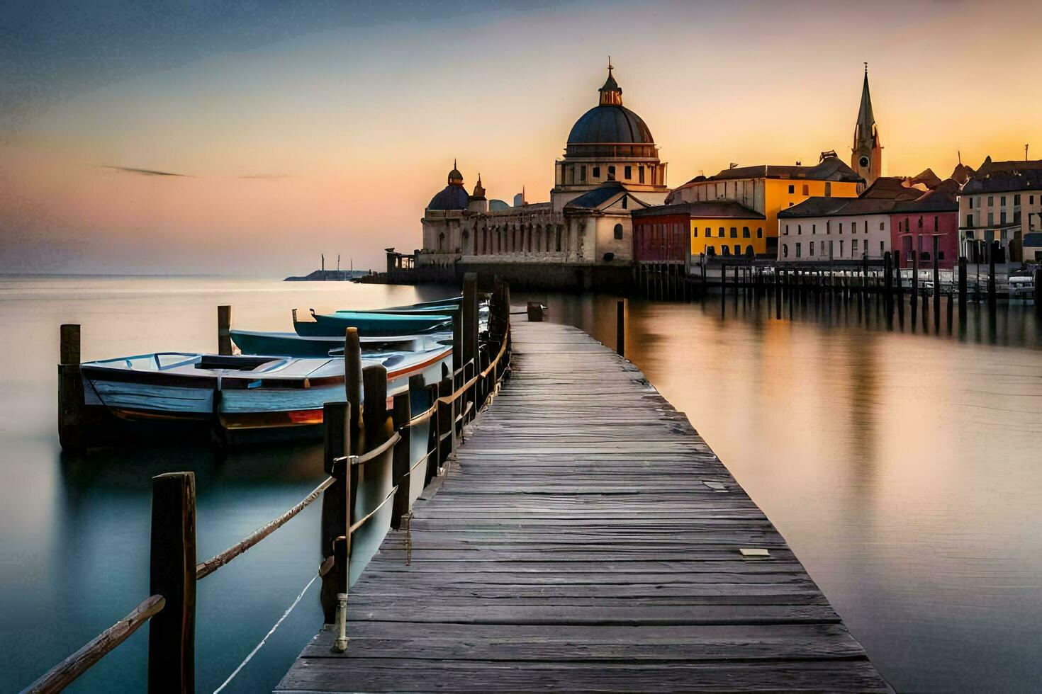 a pier with boats in the water at sunset. AI-Generated photo