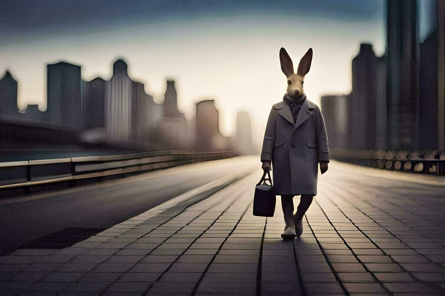 a rabbit wearing a coat and carrying a briefcase walks down a street. AI-Generated photo