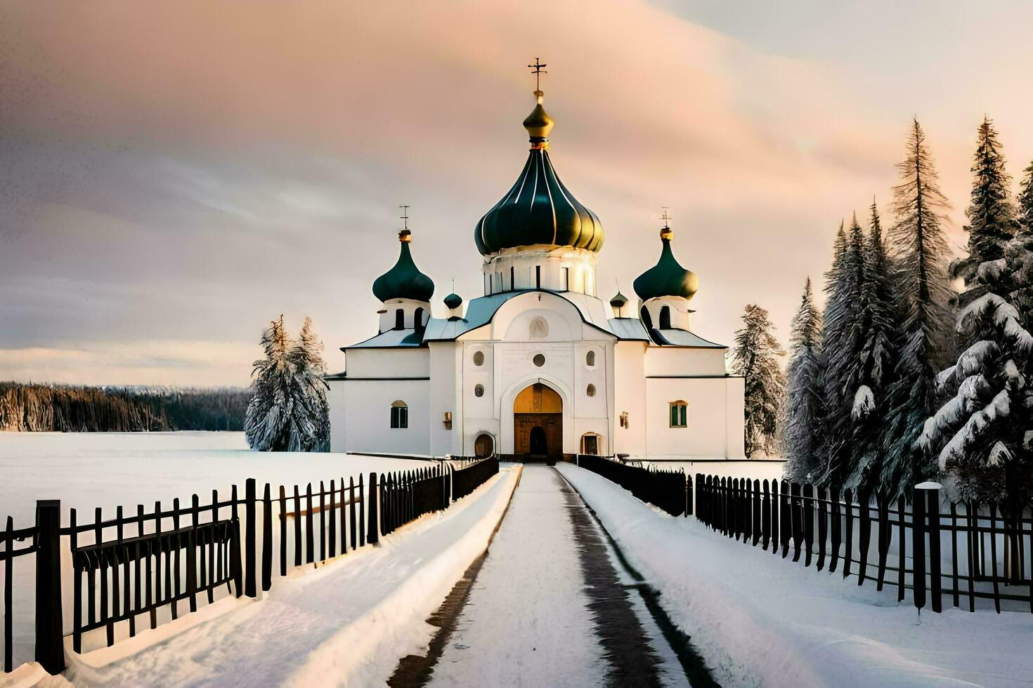 a church in the snow with a fence and trees. AI-Generated photo