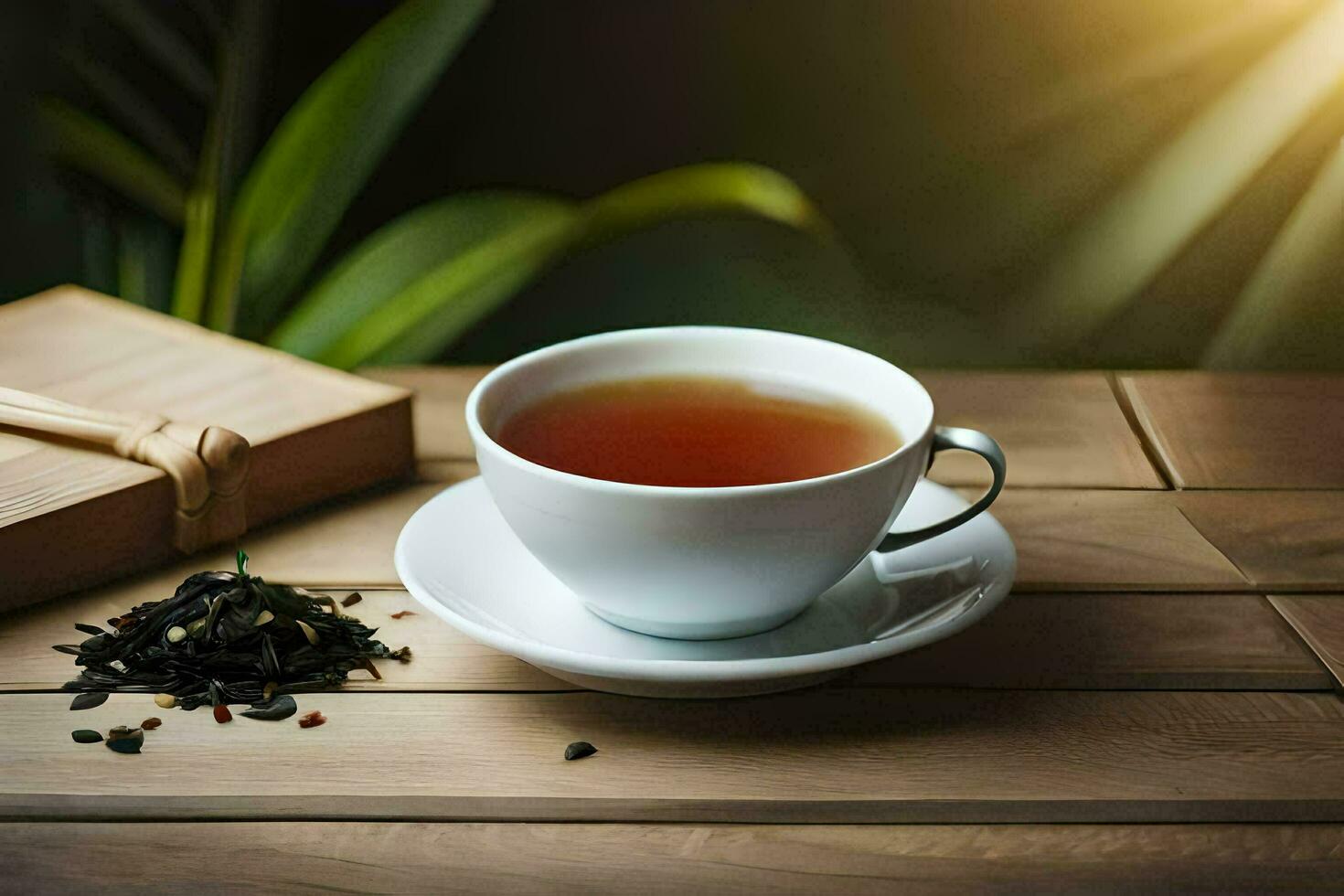 a cup of tea on a wooden table. AI-Generated photo
