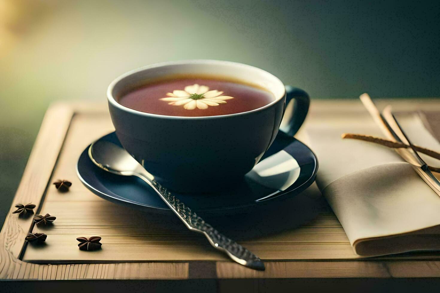 a cup of tea with a flower on the side. AI-Generated photo