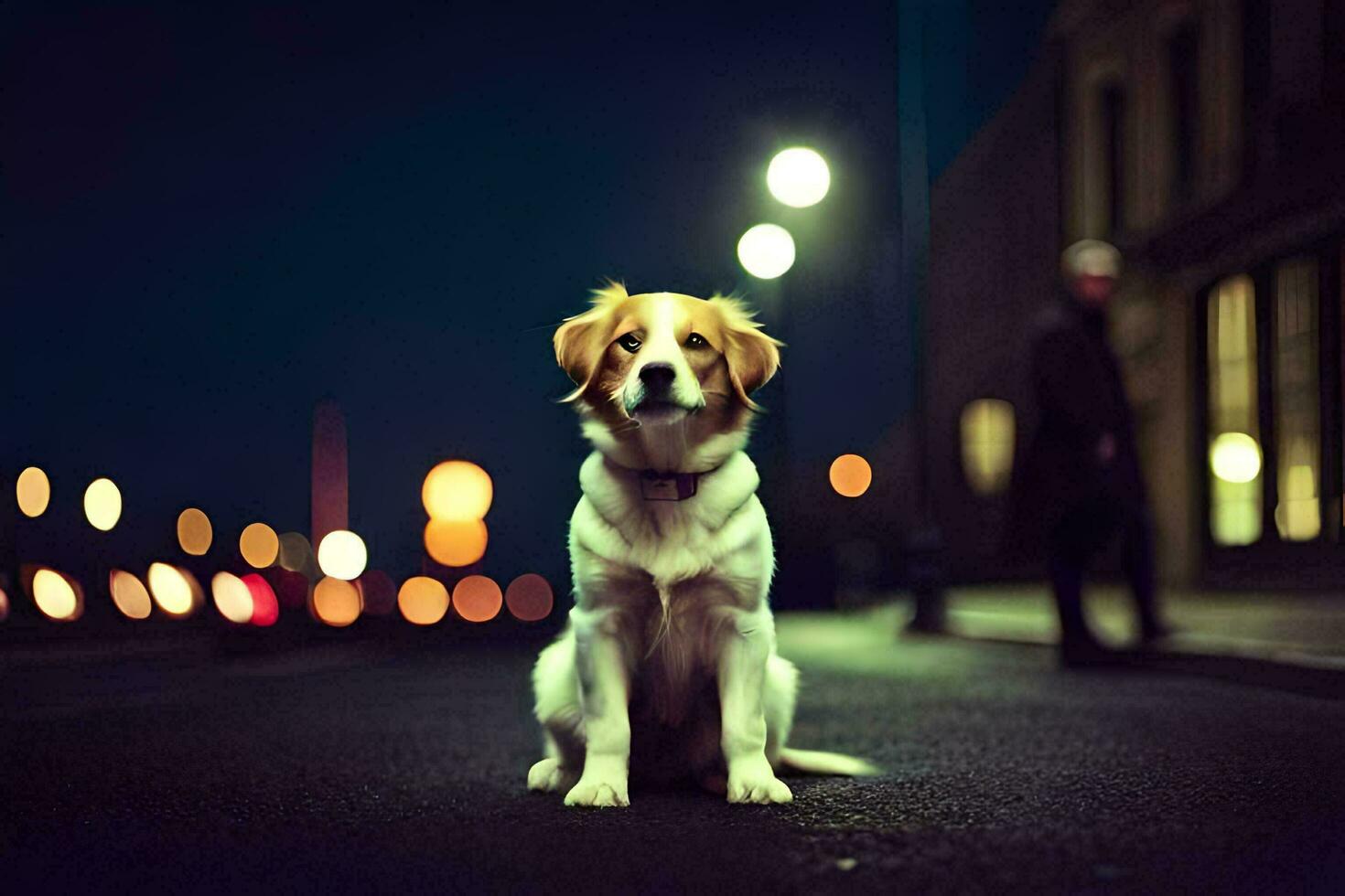 un perro sentado en el calle a noche. generado por ai foto