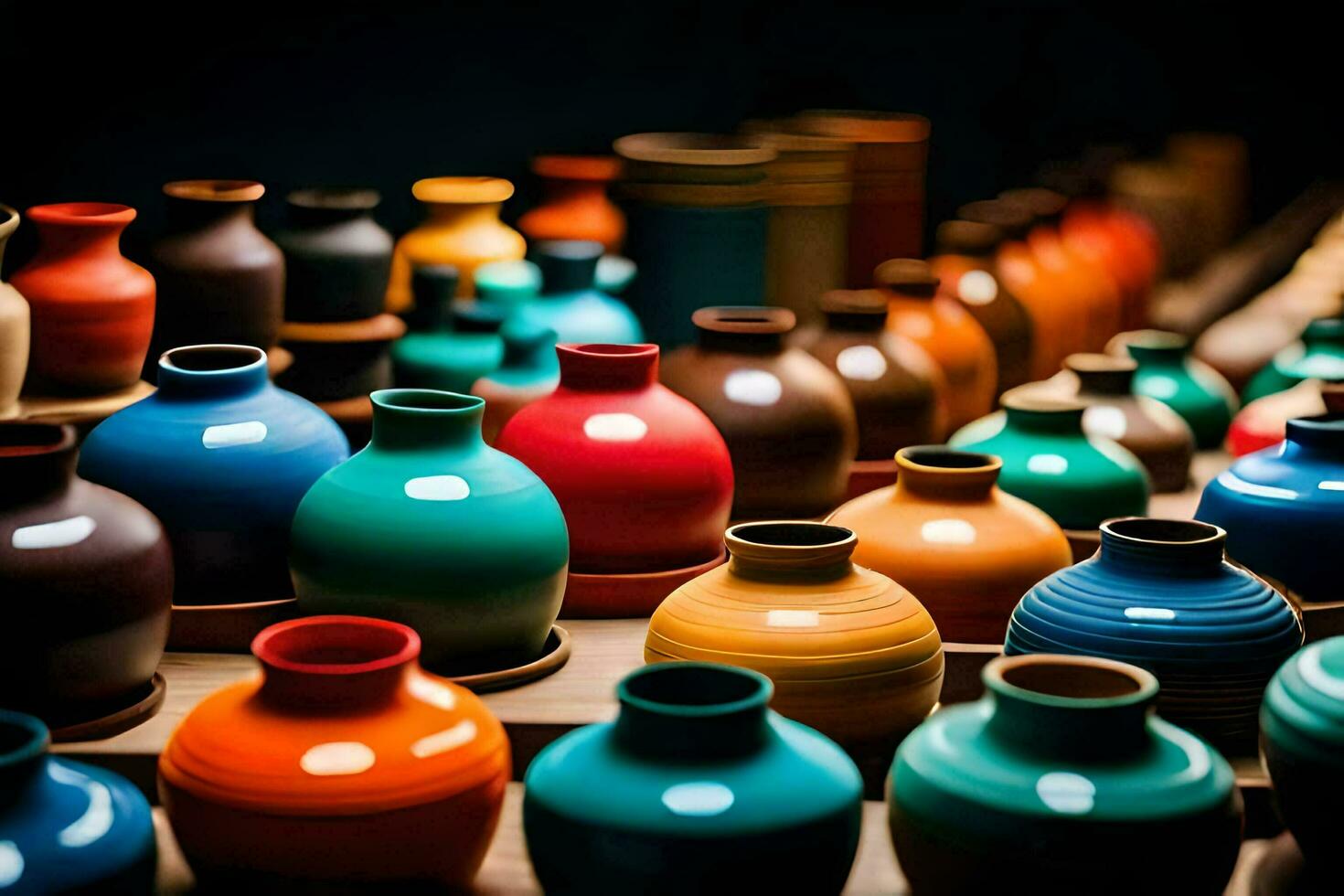 colorful vases are lined up on a table. AI-Generated photo