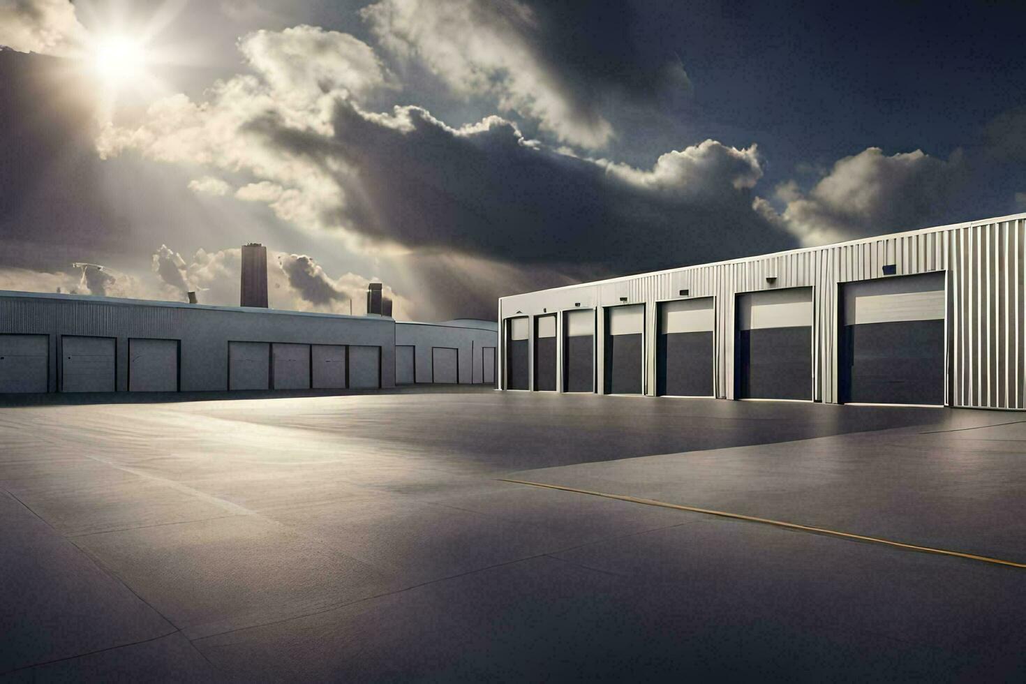 a large warehouse with two garage doors and a sun shining through the clouds. AI-Generated photo