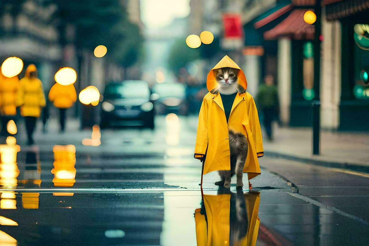 a dog in a yellow raincoat standing on a wet street. AI-Generated photo