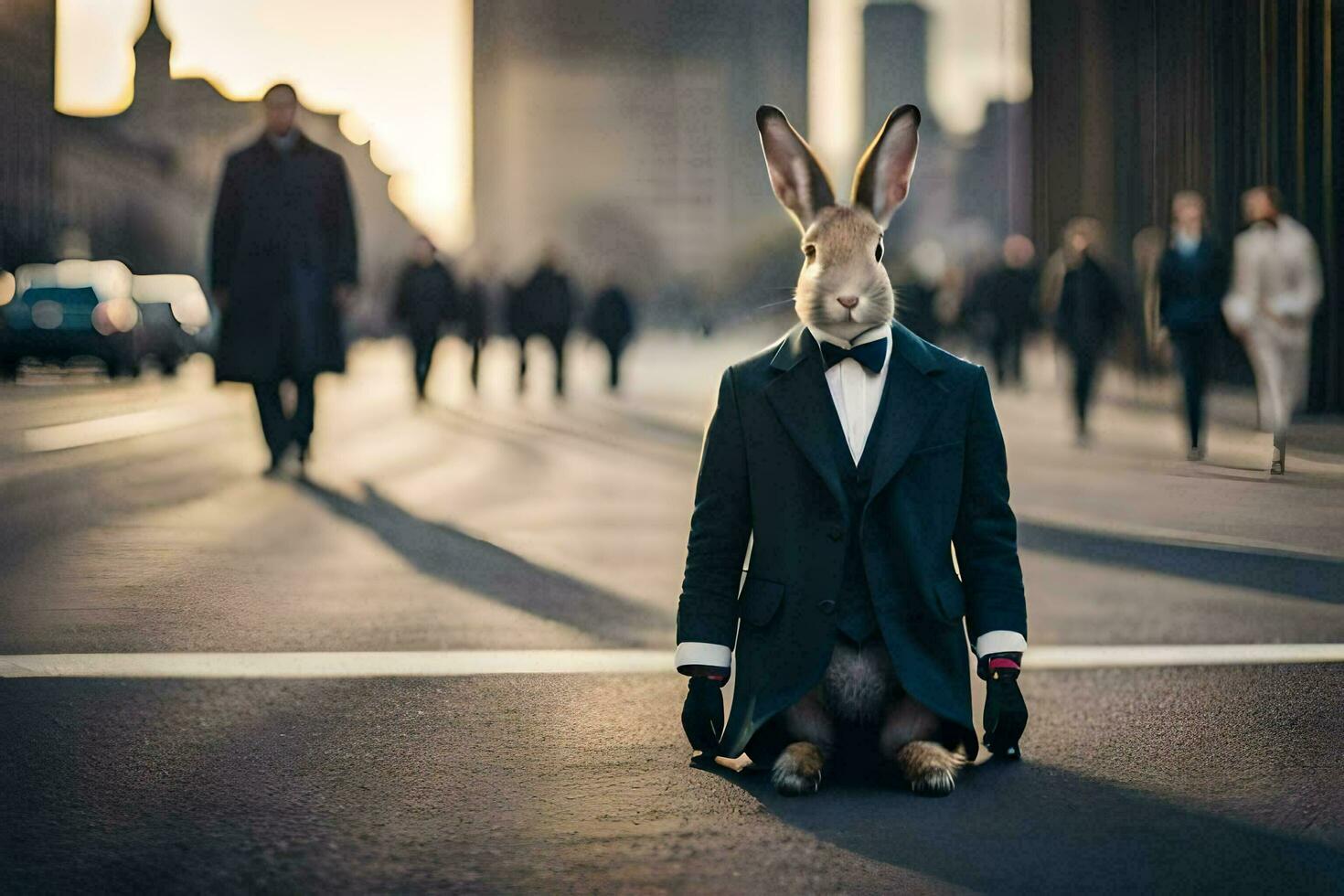 a rabbit dressed in a suit and tie sits on the street. AI-Generated photo