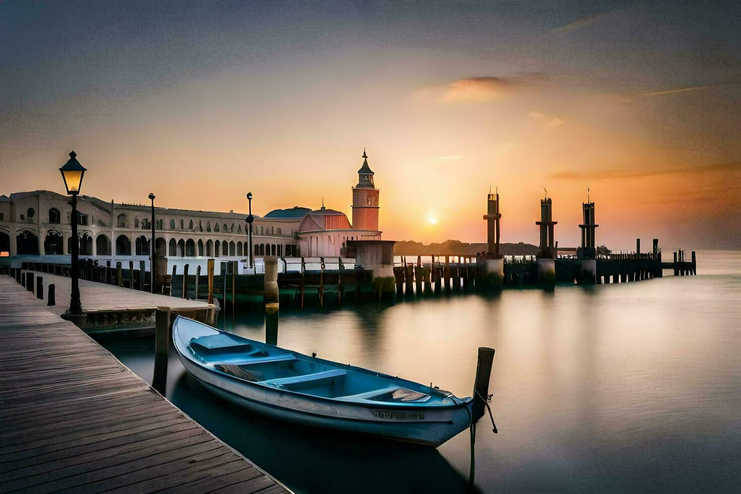 a boat sits on the dock at sunset. AI-Generated photo