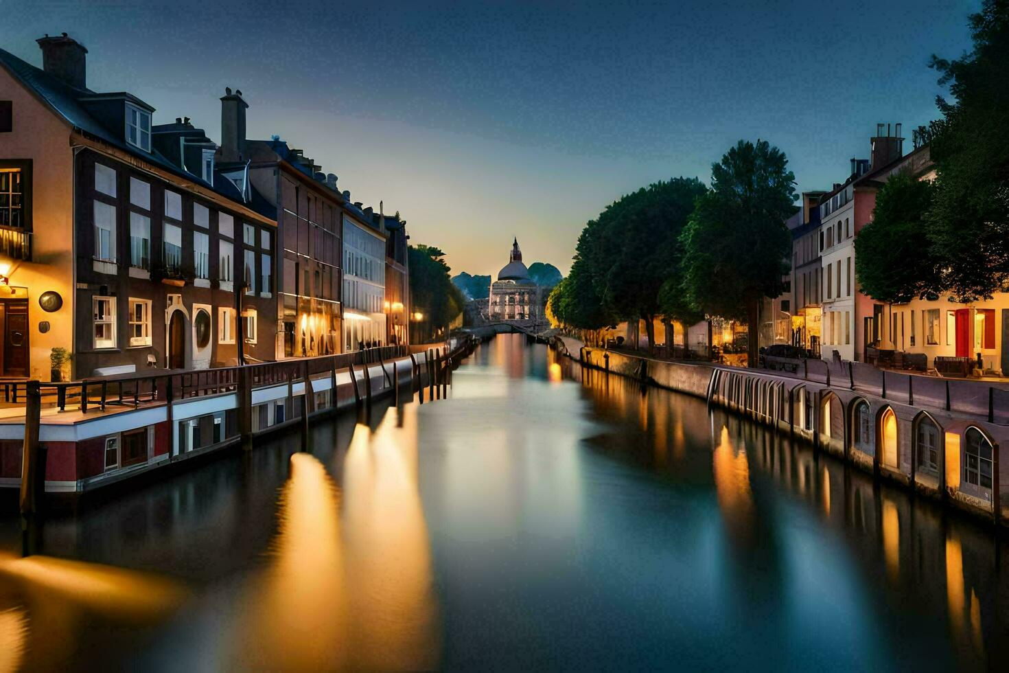 a canal in the middle of a city at night. AI-Generated photo