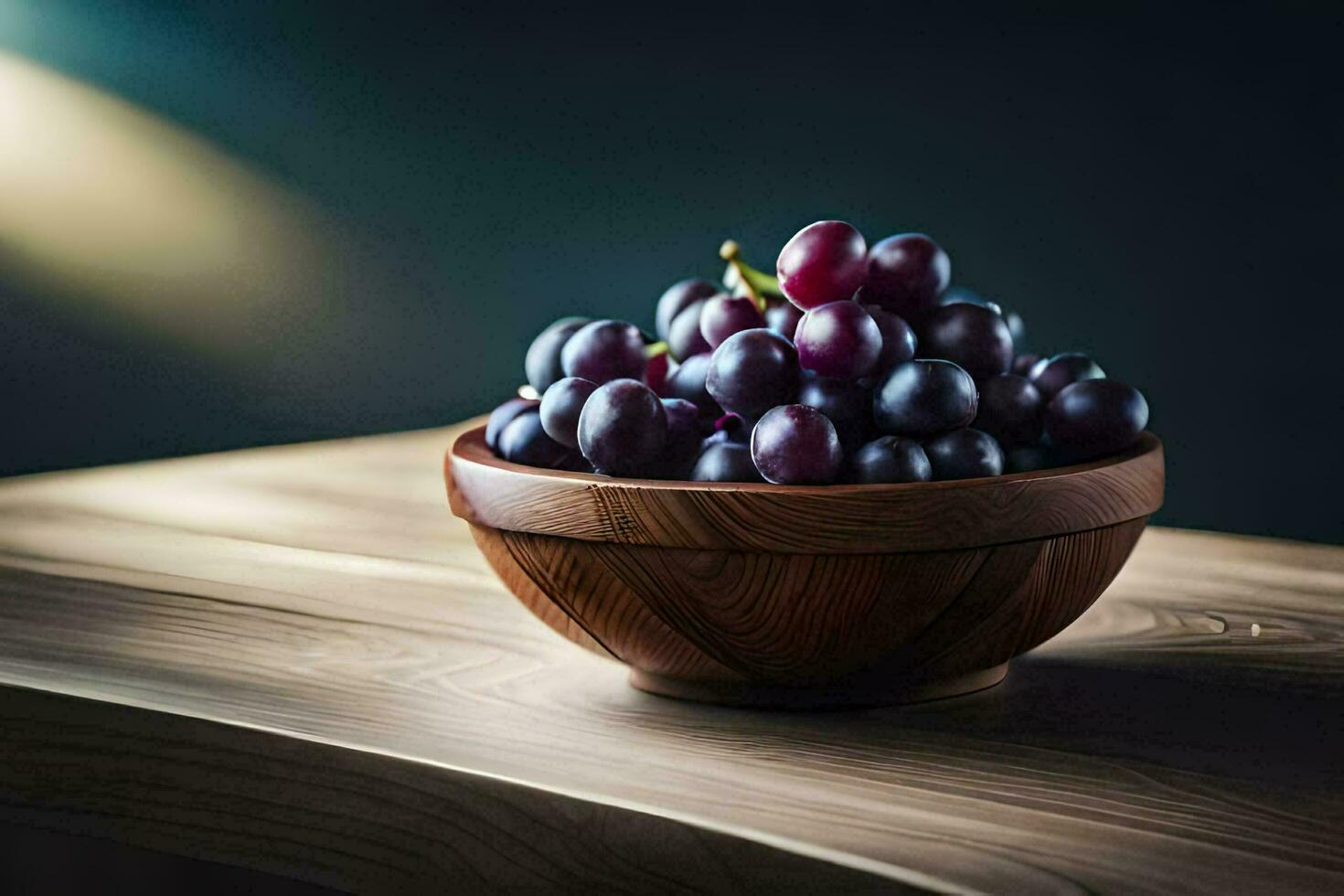 grapes in a wooden bowl on a table. AI-Generated photo