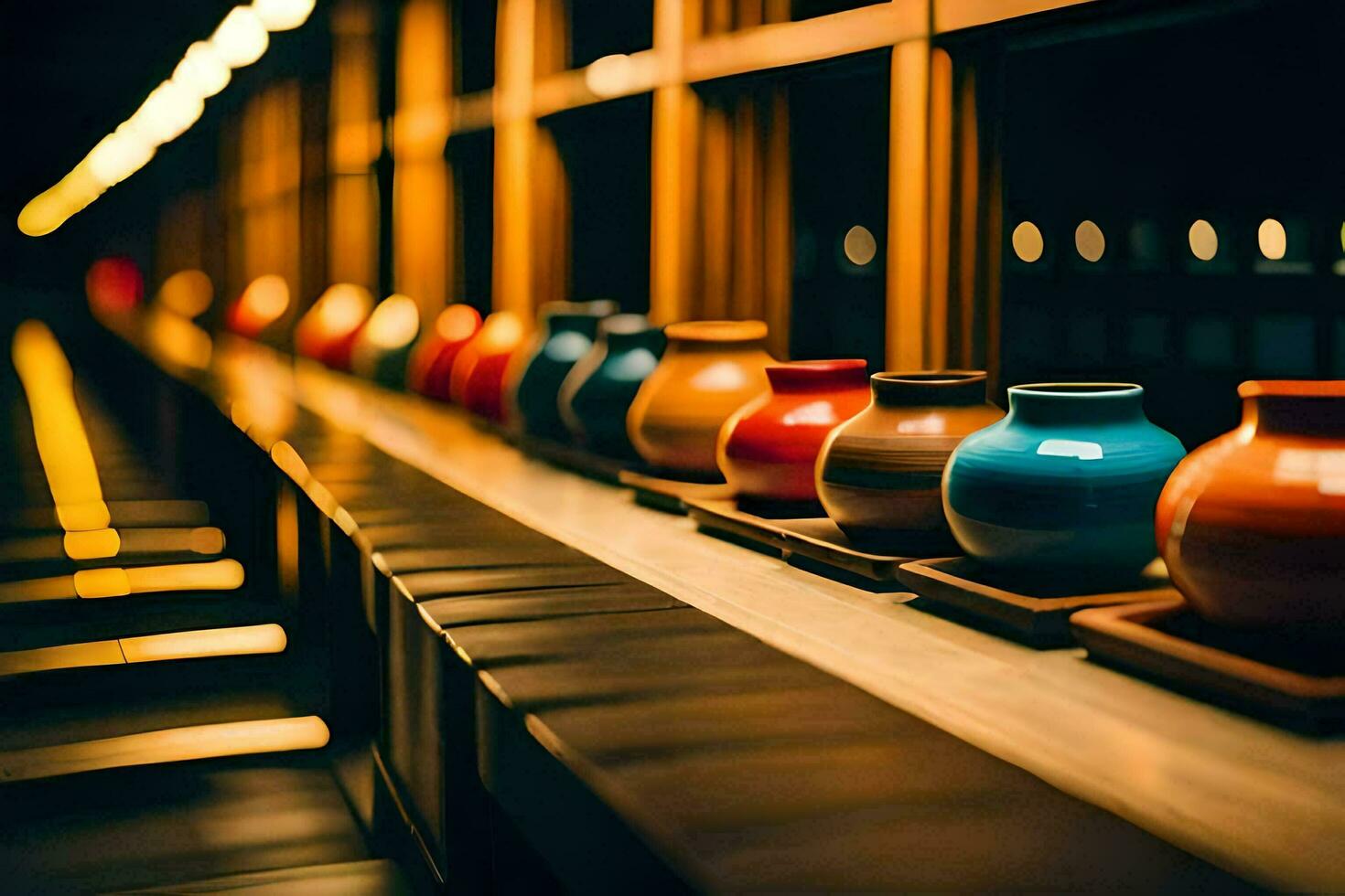 a row of colorful vases on a shelf. AI-Generated photo