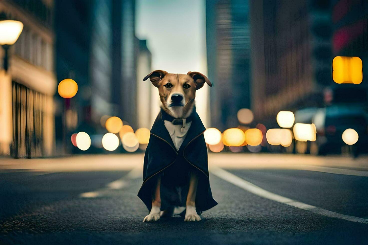 a dog dressed in a suit and tie standing on the street. AI-Generated photo