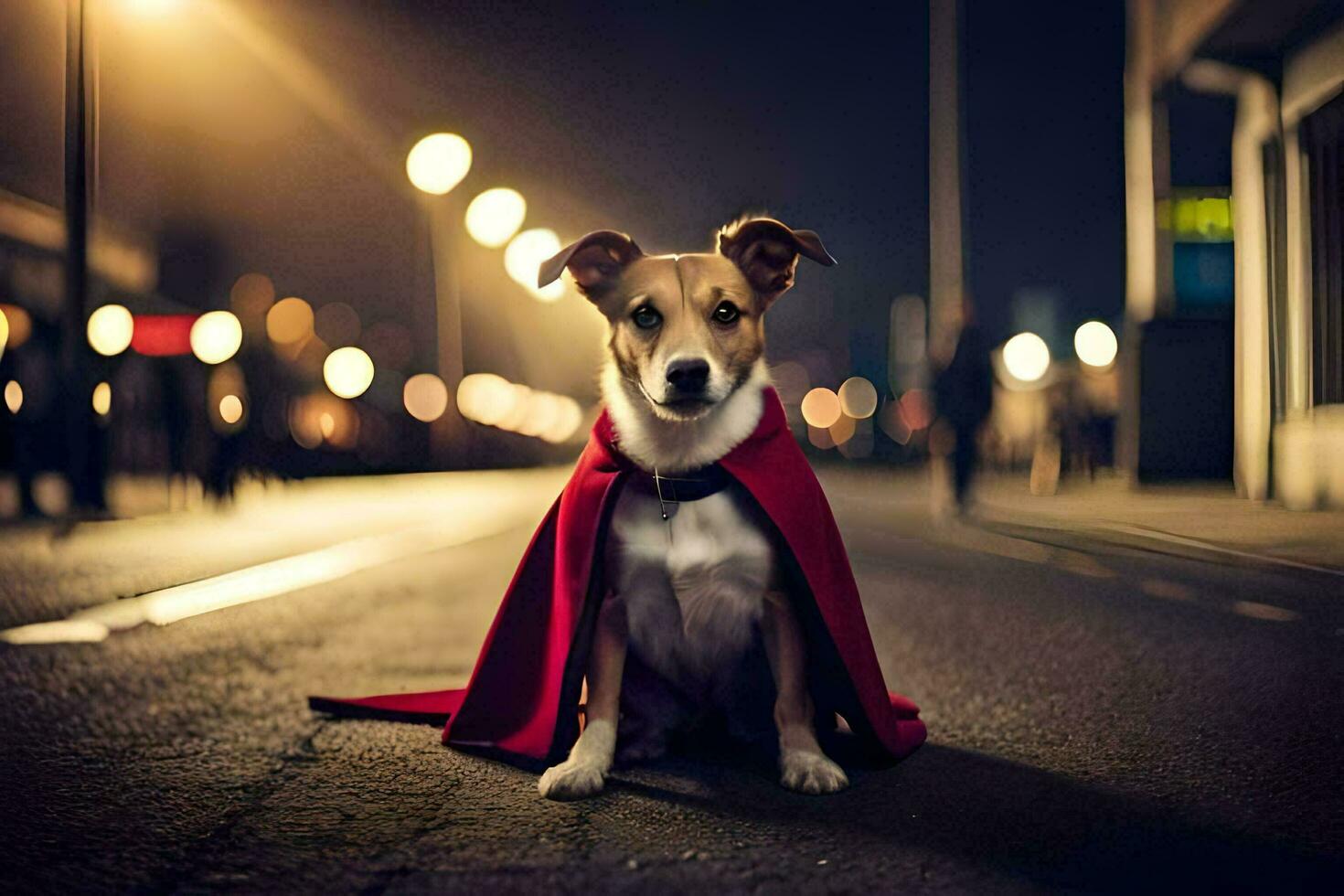a dog dressed as a superhero sits on the street at night. AI-Generated photo