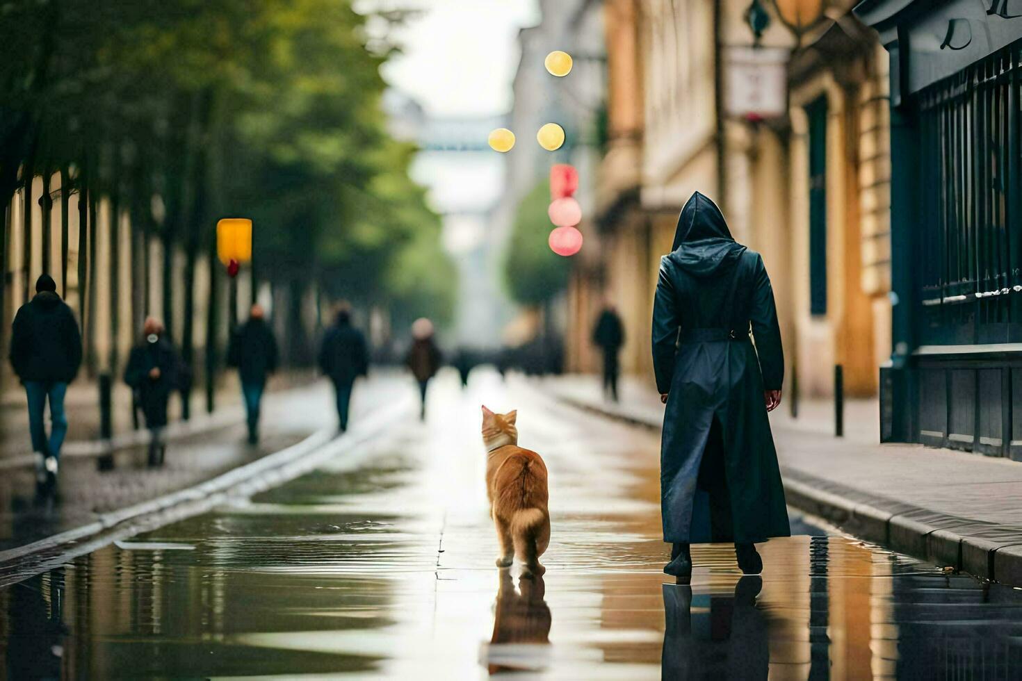 a woman walking her dog in the rain. AI-Generated photo