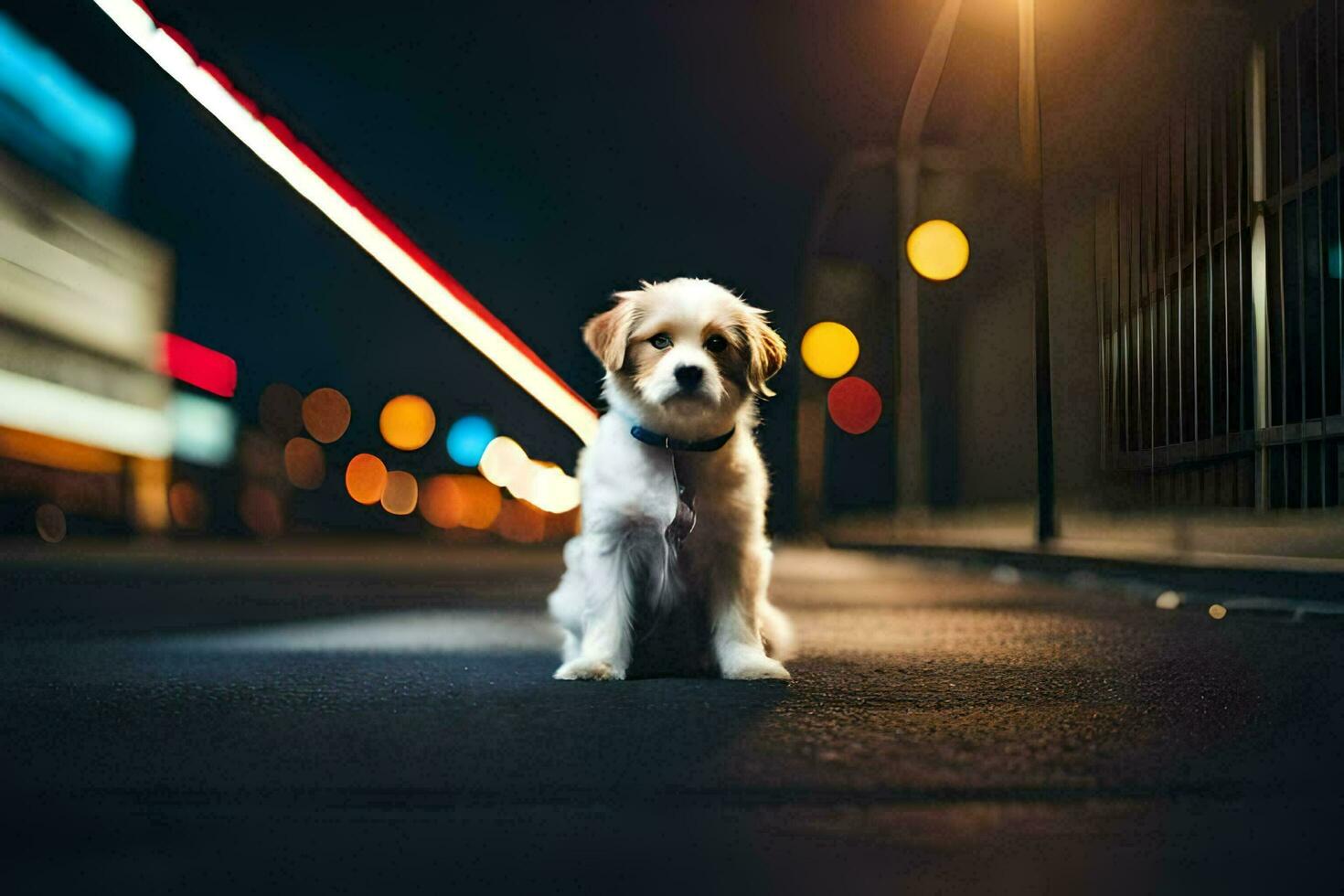 un perro sentado en el calle a noche. generado por ai foto