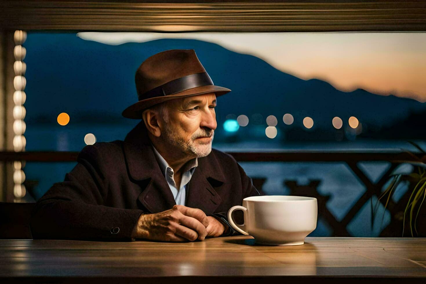 an older man in a hat and coat sitting at a table with a cup of coffee. AI-Generated photo