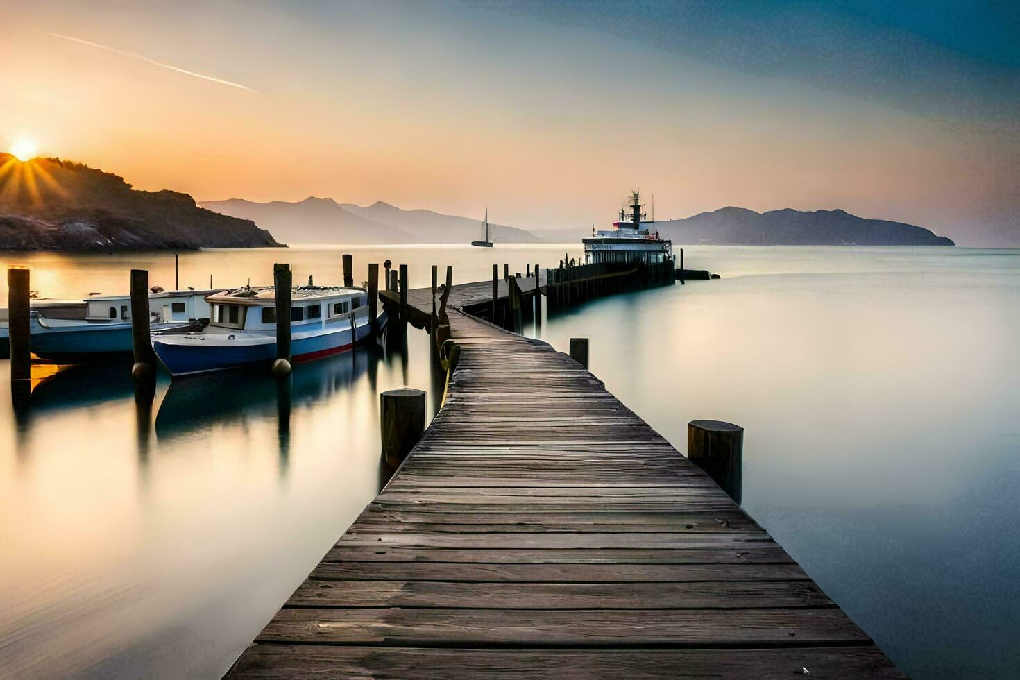 a pier with boats docked at sunset. AI-Generated photo