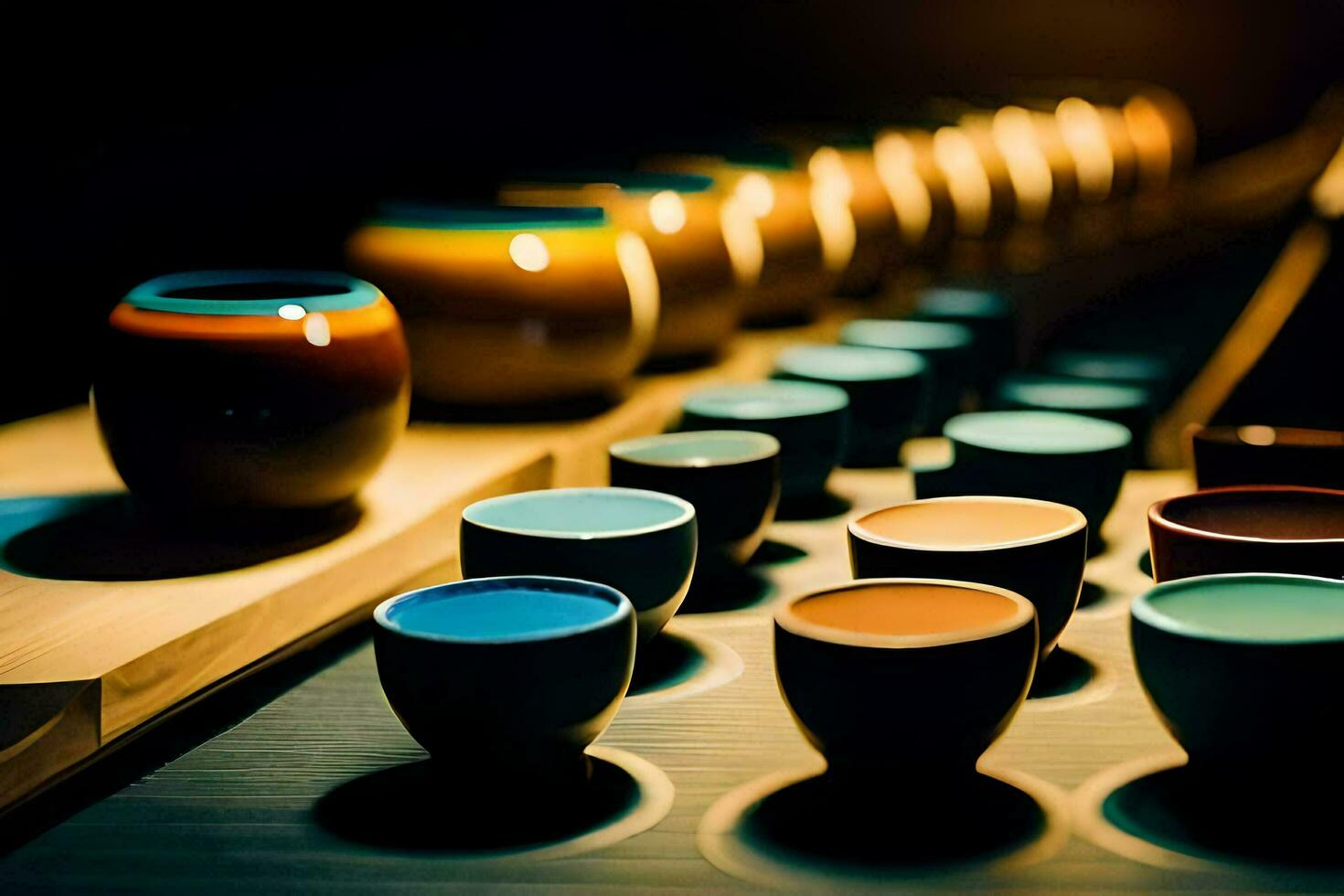 a row of colorful cups on a table. AI-Generated photo