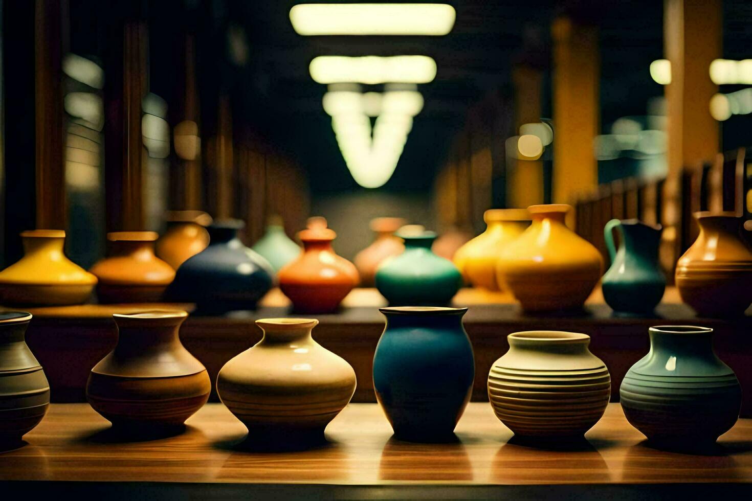 many colorful vases are lined up on a table. AI-Generated photo