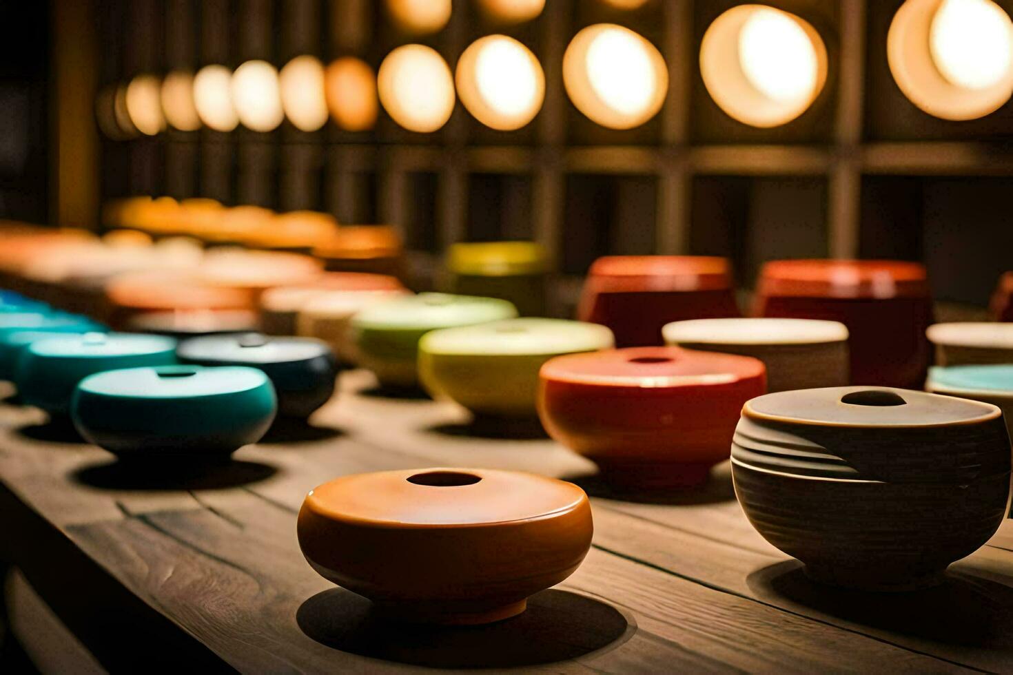 a row of colorful vases on a wooden table. AI-Generated photo