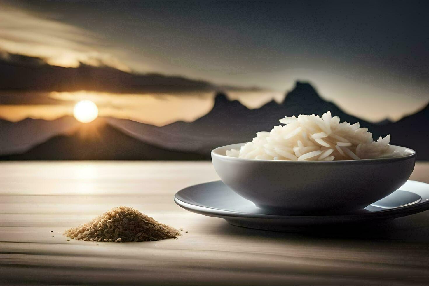 rice in a bowl and a spoon on a table. AI-Generated photo