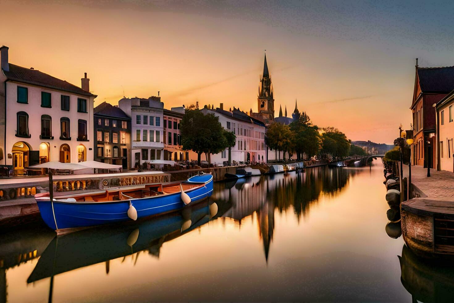 a boat is docked in a canal at sunset. AI-Generated photo