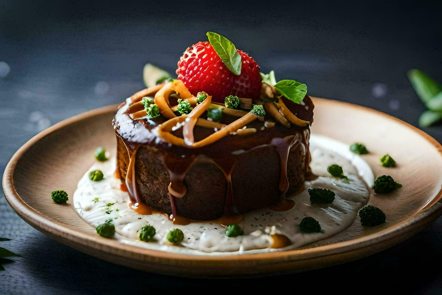a dessert with chocolate sauce and strawberries. AI-Generated photo